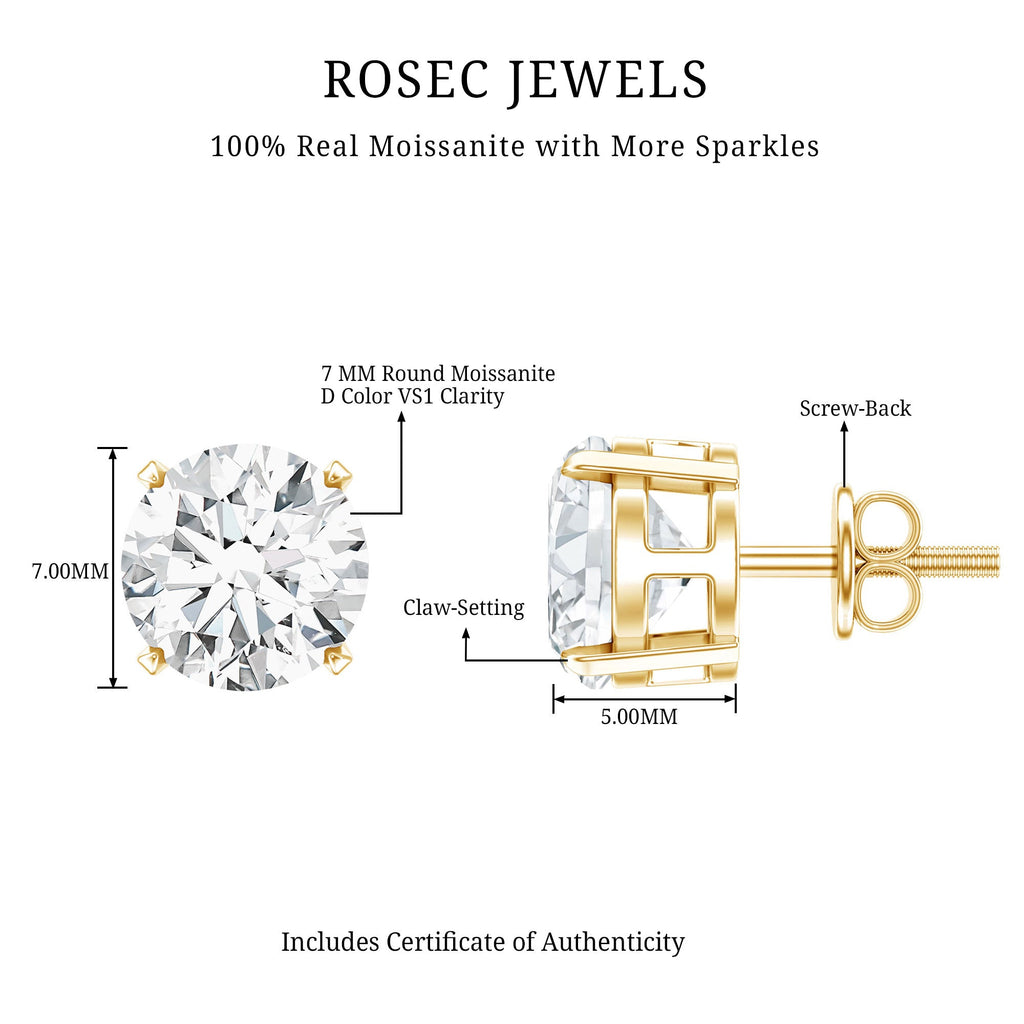 Moissanite Stud Earrings - 2.7 Carat Round Studs in Claw Setting by Rosec Jewels