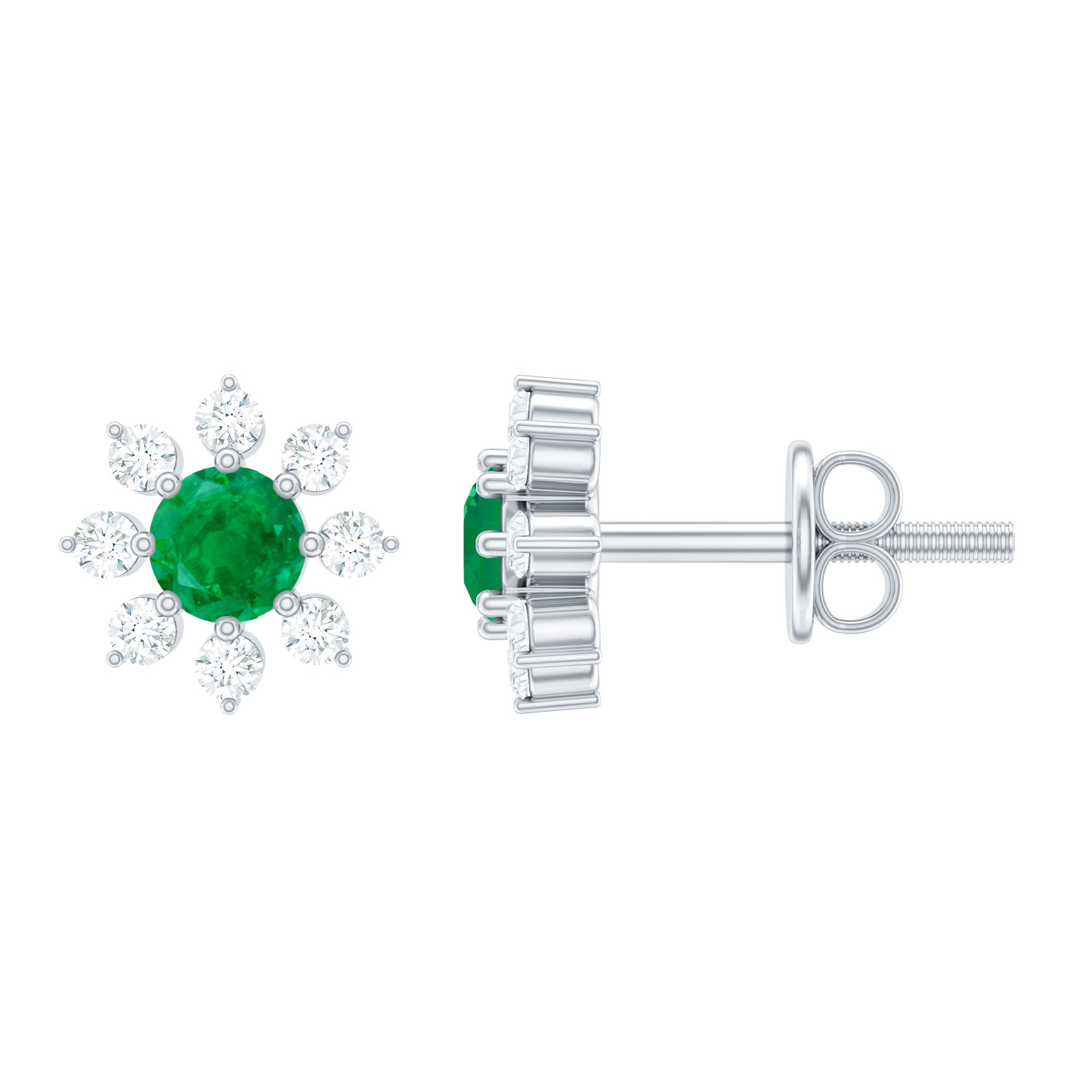 Emerald Floral Earrings – Diamond Stud Earrings With Prong Setting & Secure Screw Back