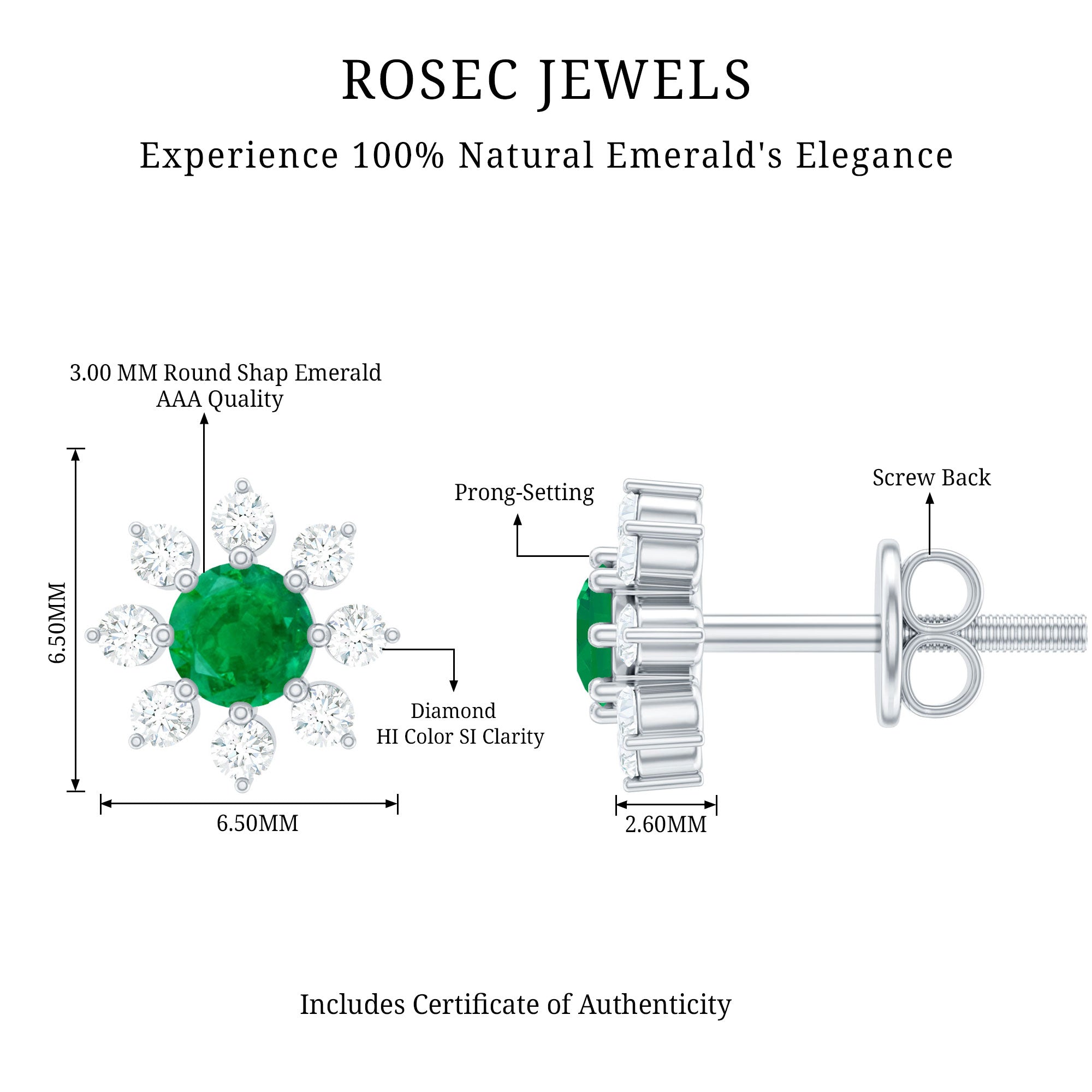 Emerald Floral Earrings – Diamond Stud Earrings With Prong Setting & Secure Screw Back
