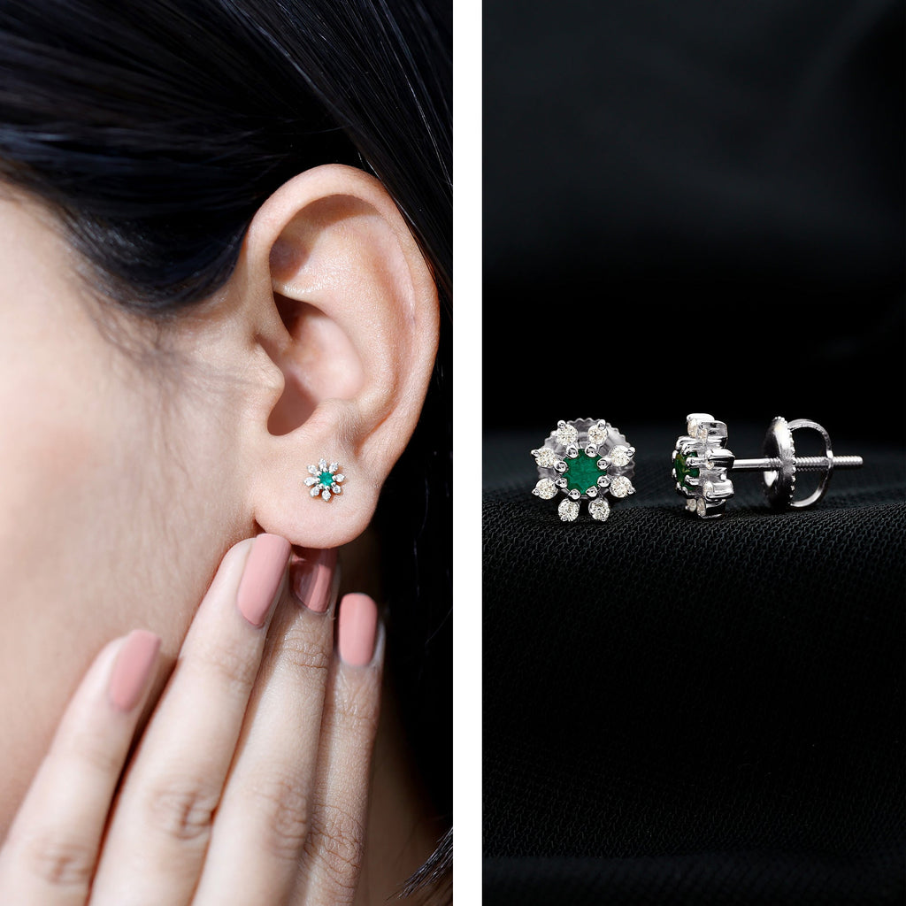 Emerald Floral Earrings – Diamond Stud Earrings With Prong Setting & Secure Screw Back