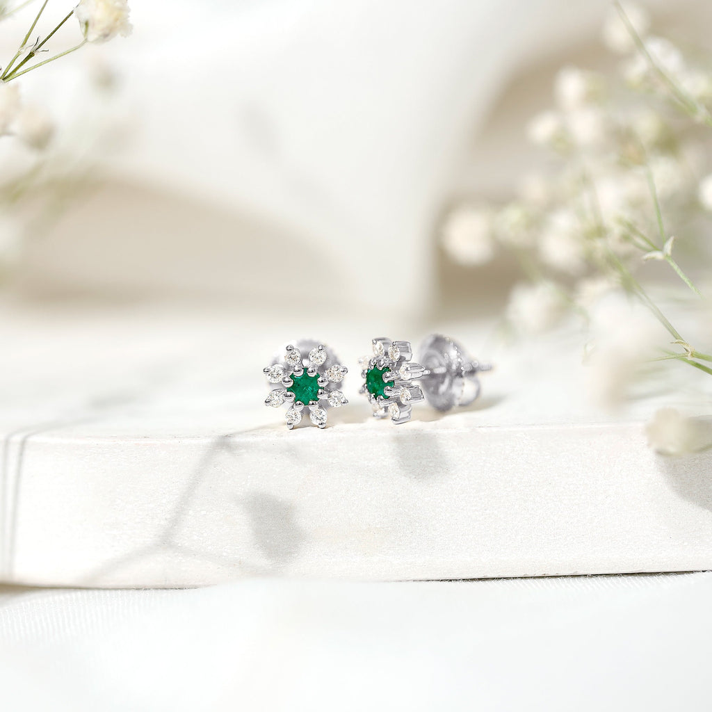 Emerald Floral Earrings – Diamond Stud Earrings With Prong Setting & Secure Screw Back