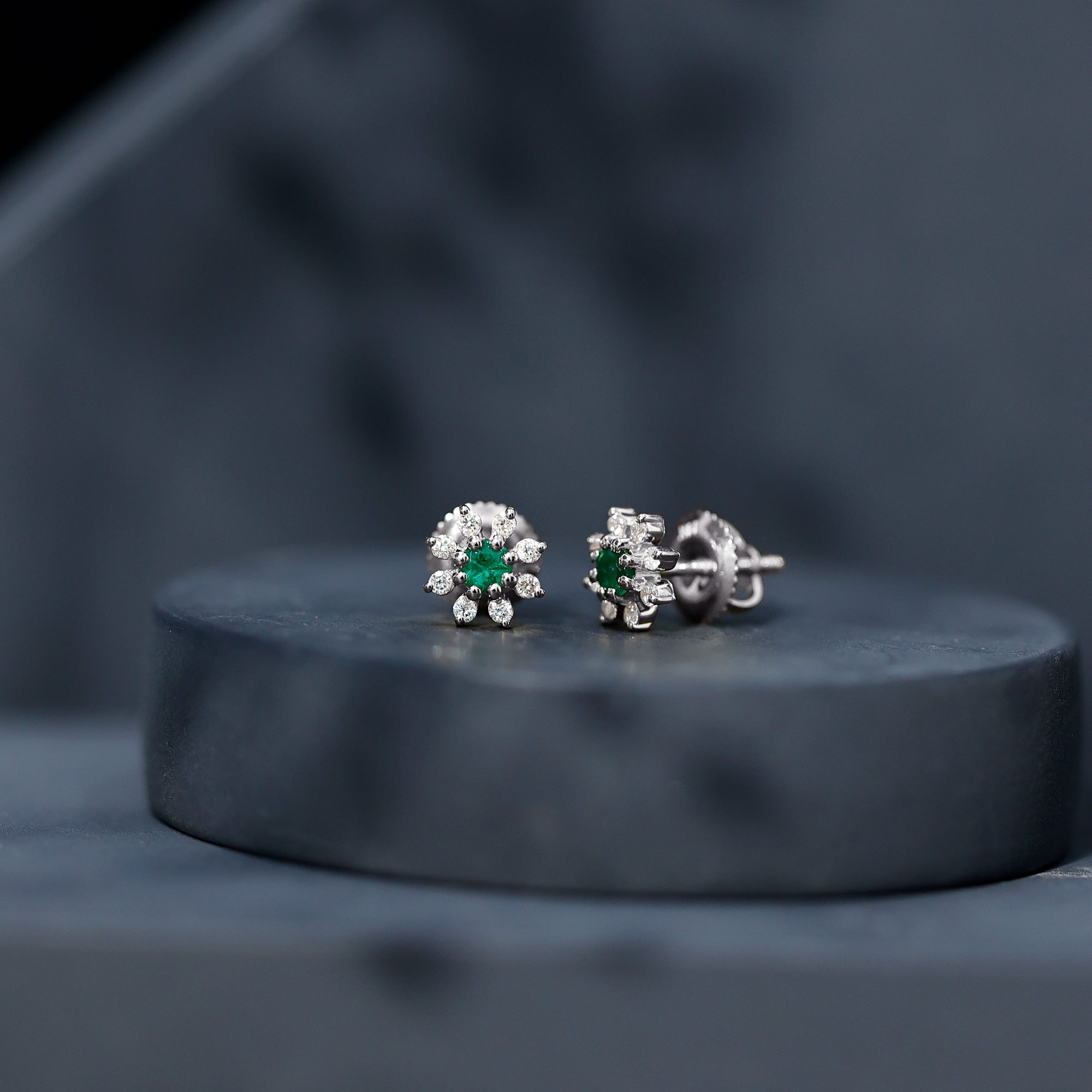Emerald Floral Earrings – Diamond Stud Earrings With Prong Setting & Secure Screw Back