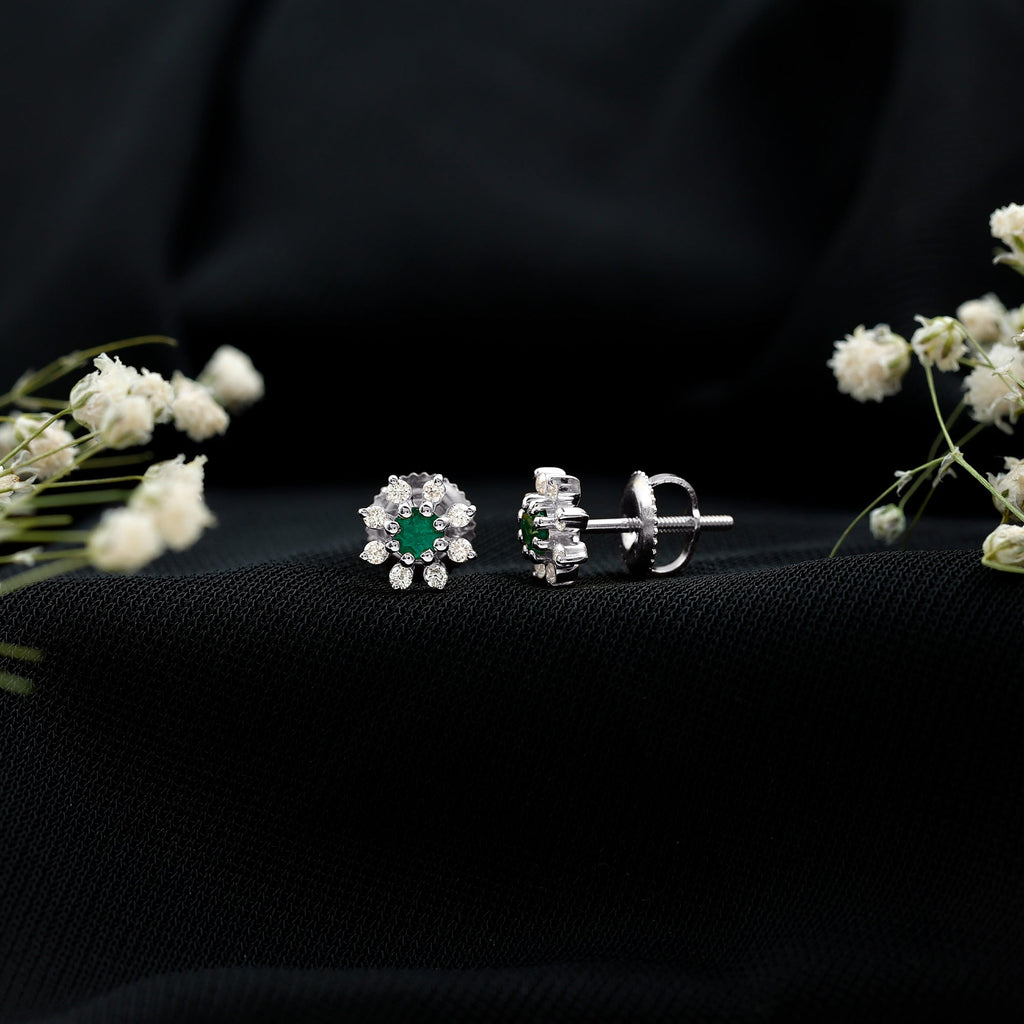 Emerald Floral Earrings – Diamond Stud Earrings With Prong Setting & Secure Screw Back