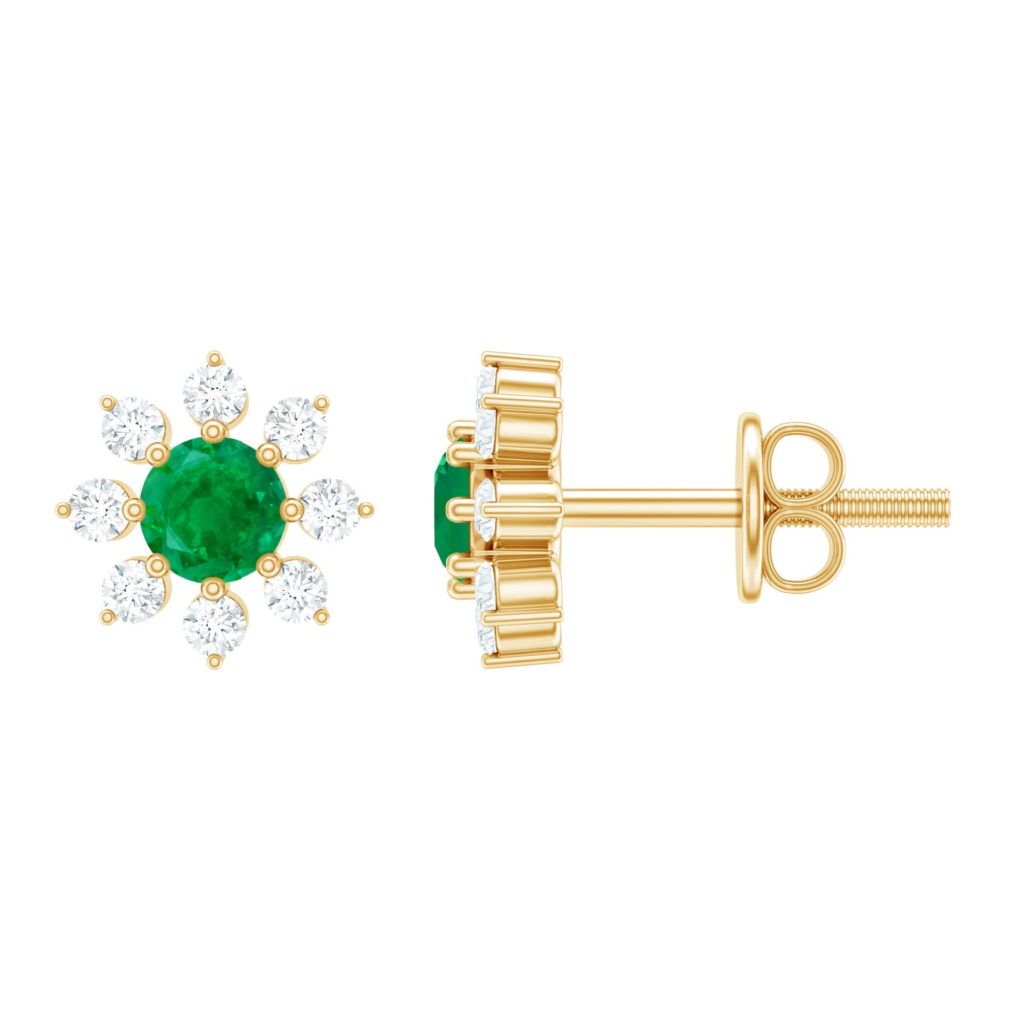 Emerald Floral Earrings – Diamond Stud Earrings With Prong Setting & Secure Screw Back