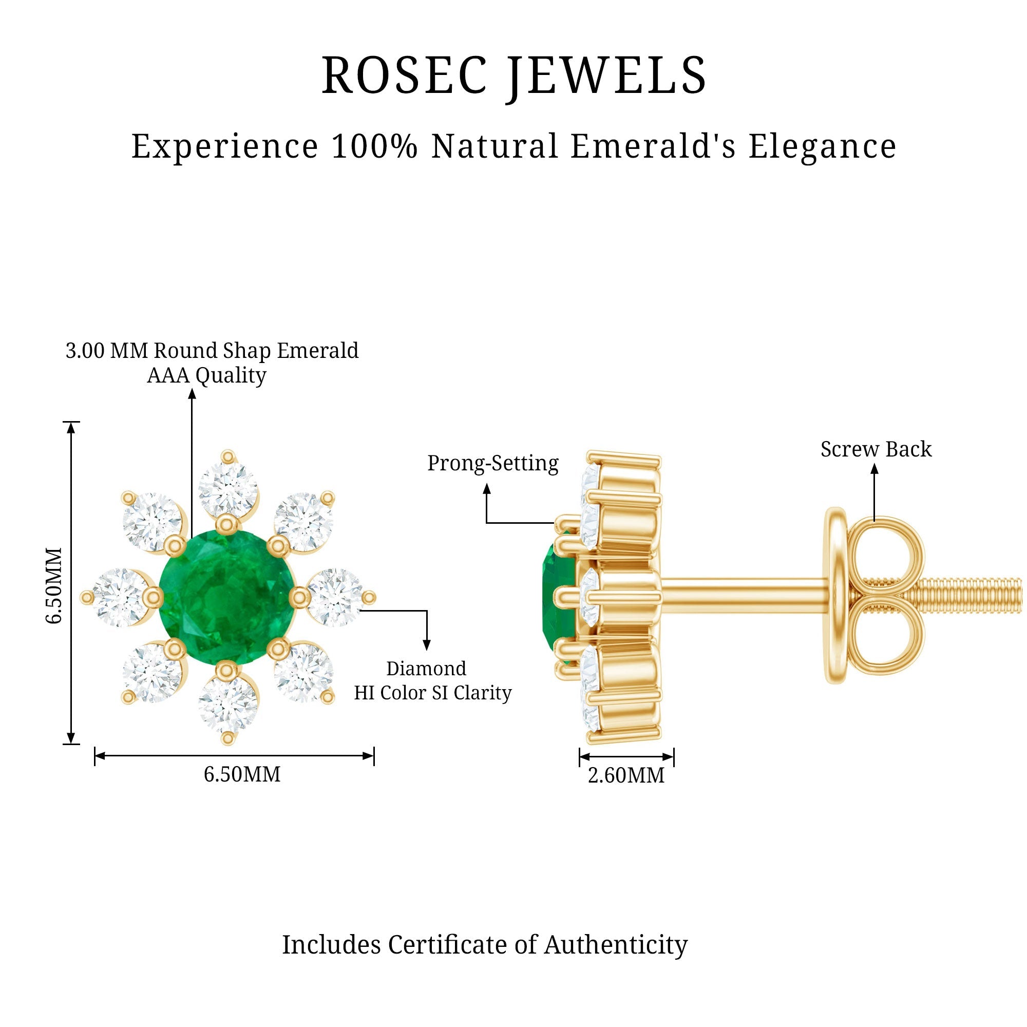 Emerald Floral Earrings – Diamond Stud Earrings With Prong Setting & Secure Screw Back