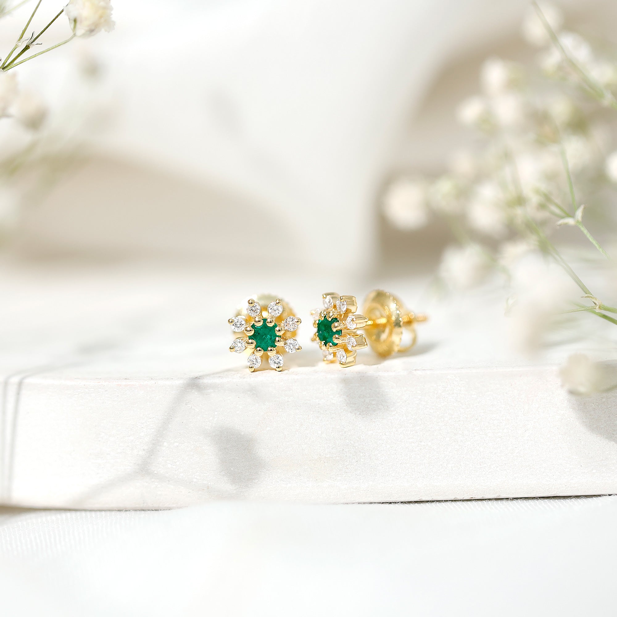 Emerald Floral Earrings – Diamond Stud Earrings With Prong Setting & Secure Screw Back