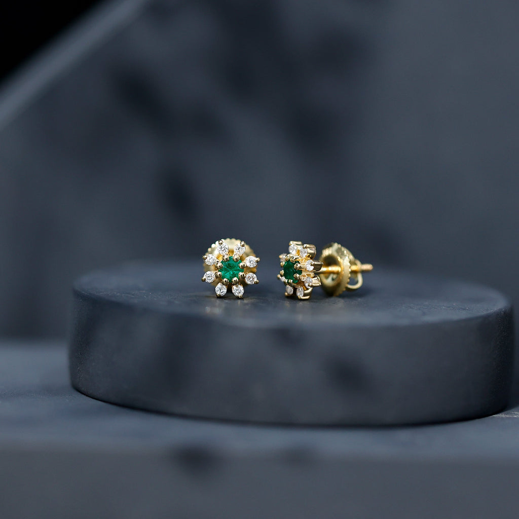 Emerald Floral Earrings – Diamond Stud Earrings With Prong Setting & Secure Screw Back