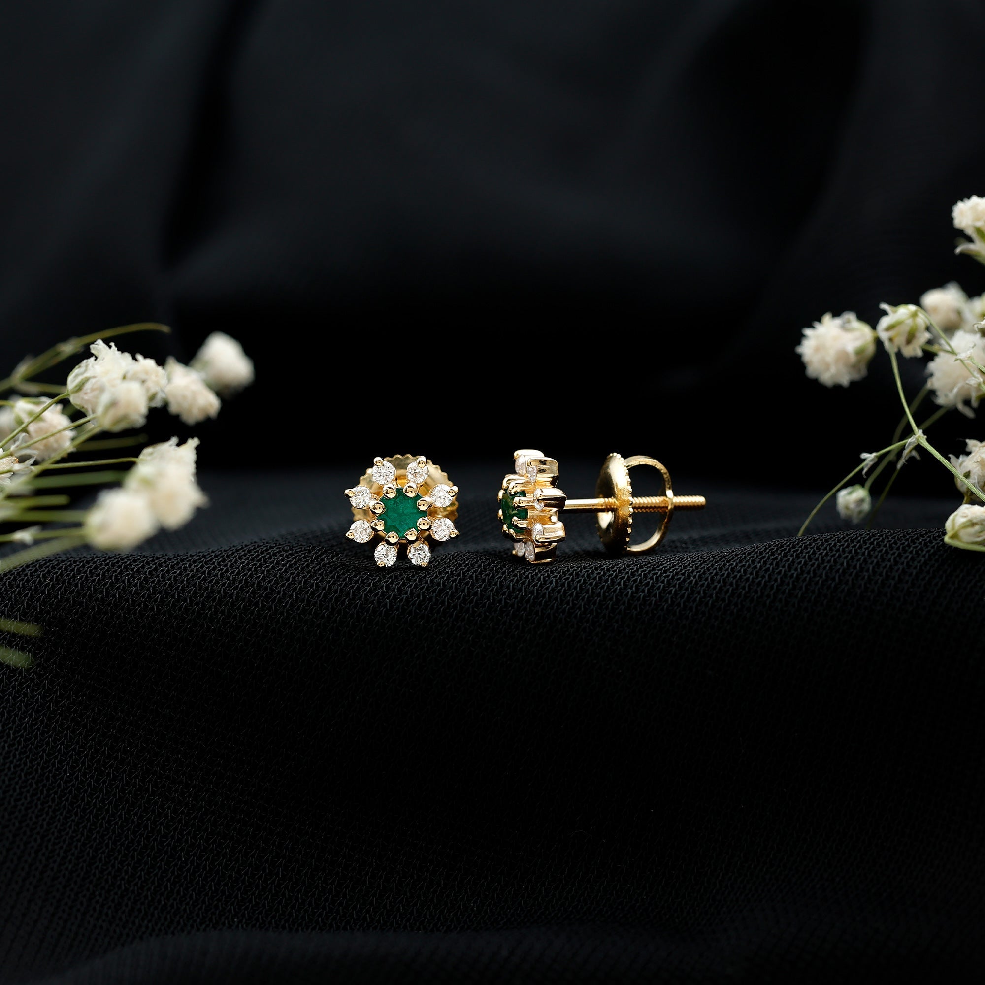 Emerald Floral Earrings – Diamond Stud Earrings With Prong Setting & Secure Screw Back