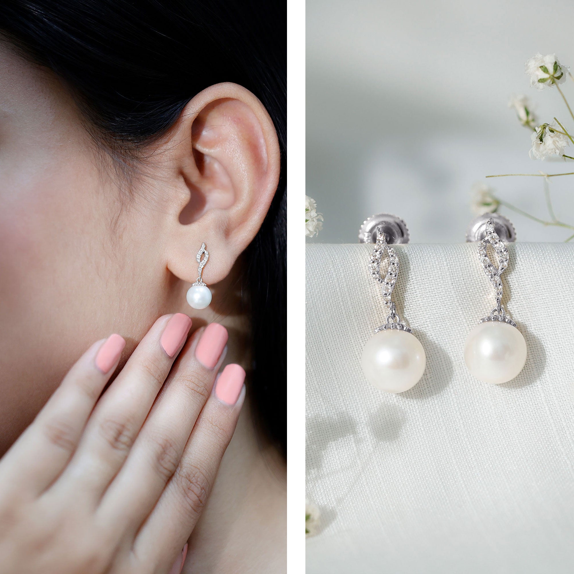 Freshwater Pearl Earrings | Classic Pearl Drop & Diamond Accent Design