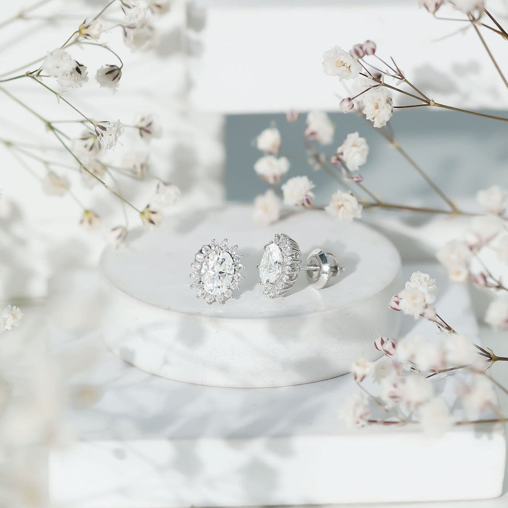 Oval Moissanite Earrings – 2 Carat Halo Stud Earrings | Sterling Silver Jewelry