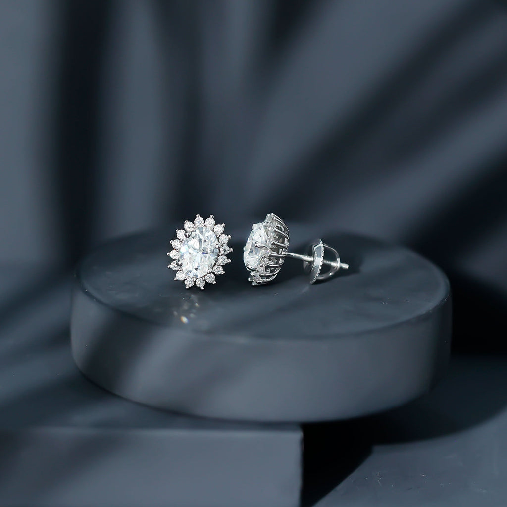 Oval Moissanite Earrings – 2 Carat Halo Stud Earrings | Sterling Silver Jewelry