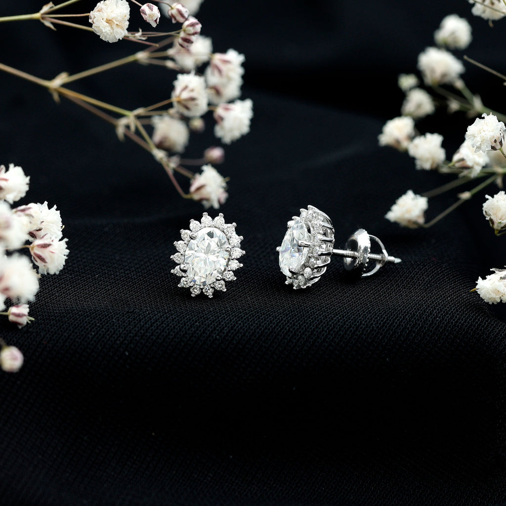Oval Moissanite Earrings – 2 Carat Halo Stud Earrings | Sterling Silver Jewelry