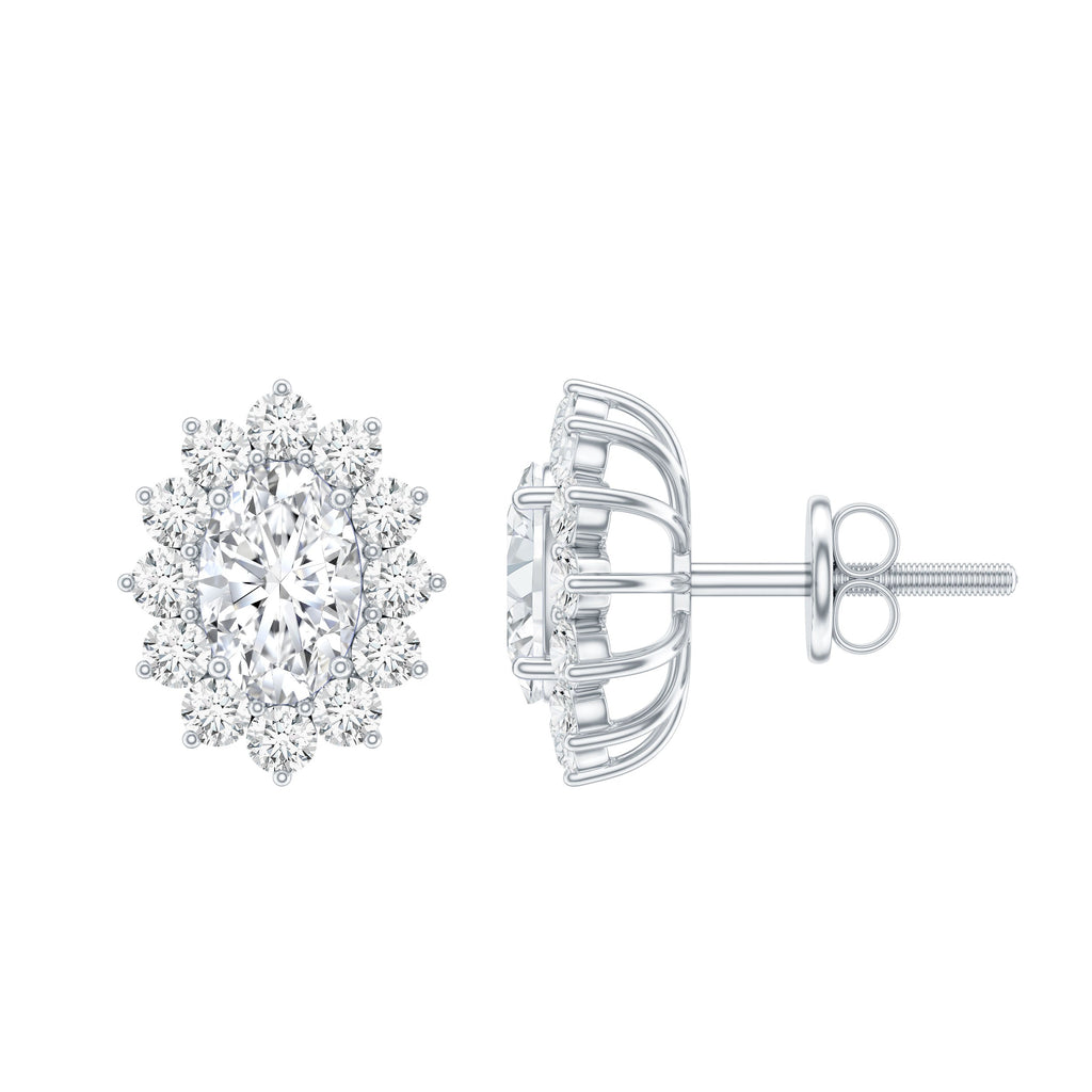 Moissanite Halo Earrings – Certified Oval Studs | Silver White Gold Plated