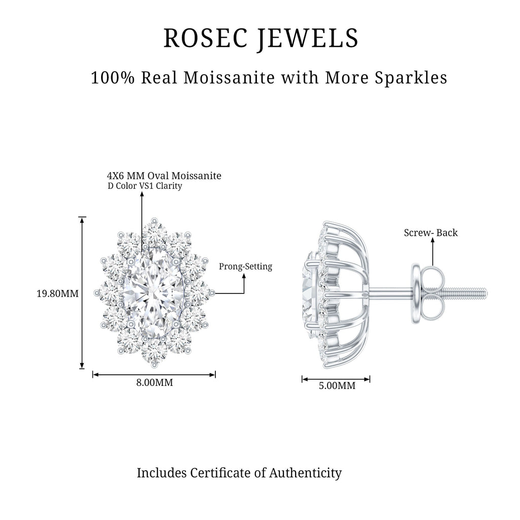 Moissanite Halo Earrings – Certified Oval Studs | Silver White Gold Plated