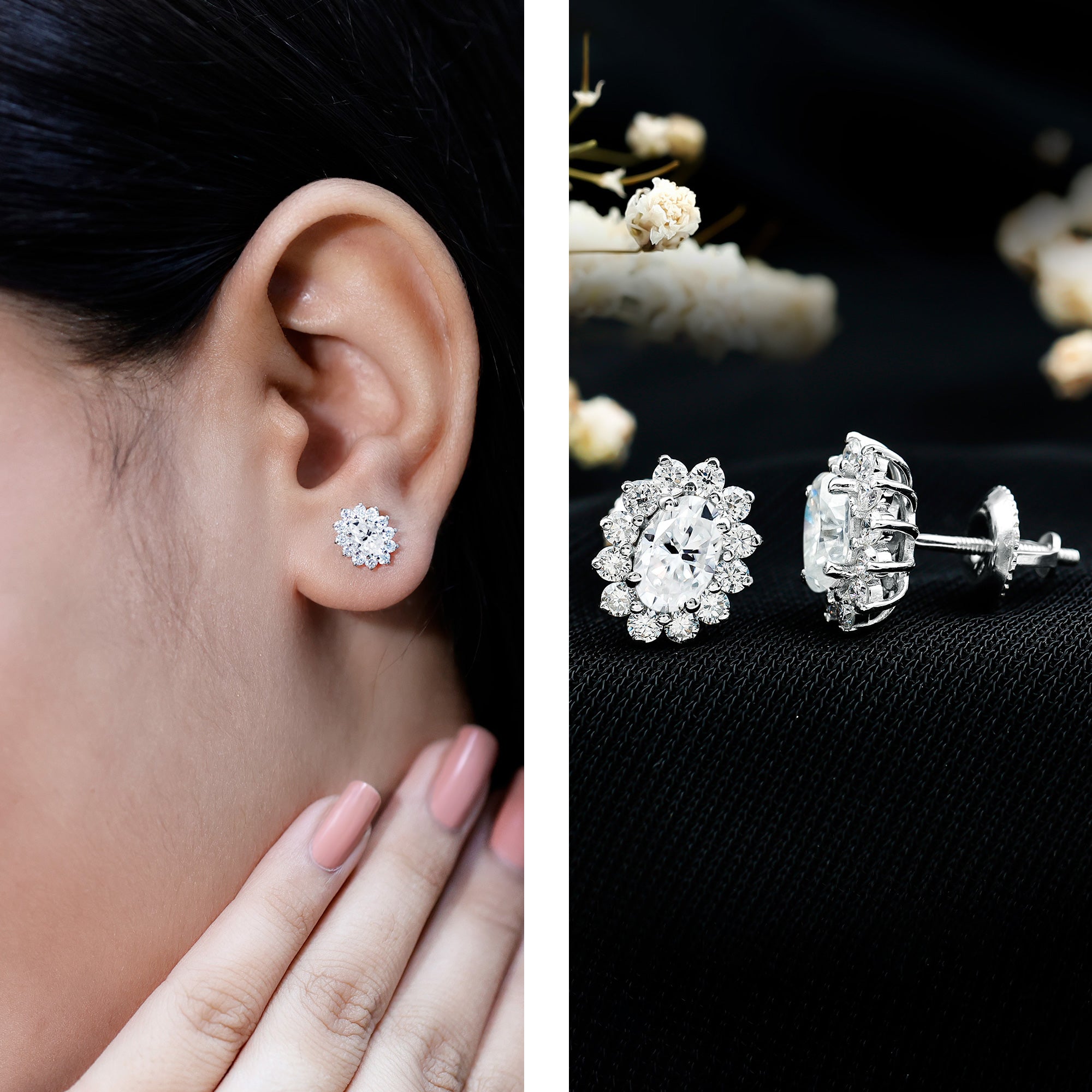 Moissanite Halo Earrings – Certified Oval Studs | Silver White Gold Plated