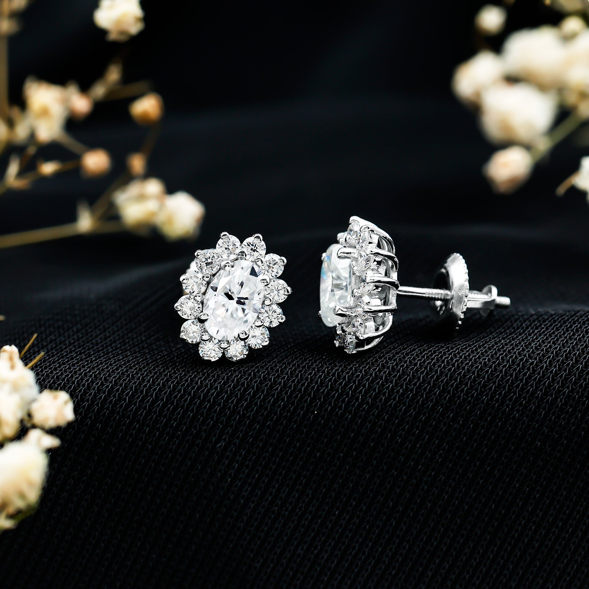 Moissanite Halo Earrings – Certified Oval Studs | Silver White Gold Plated