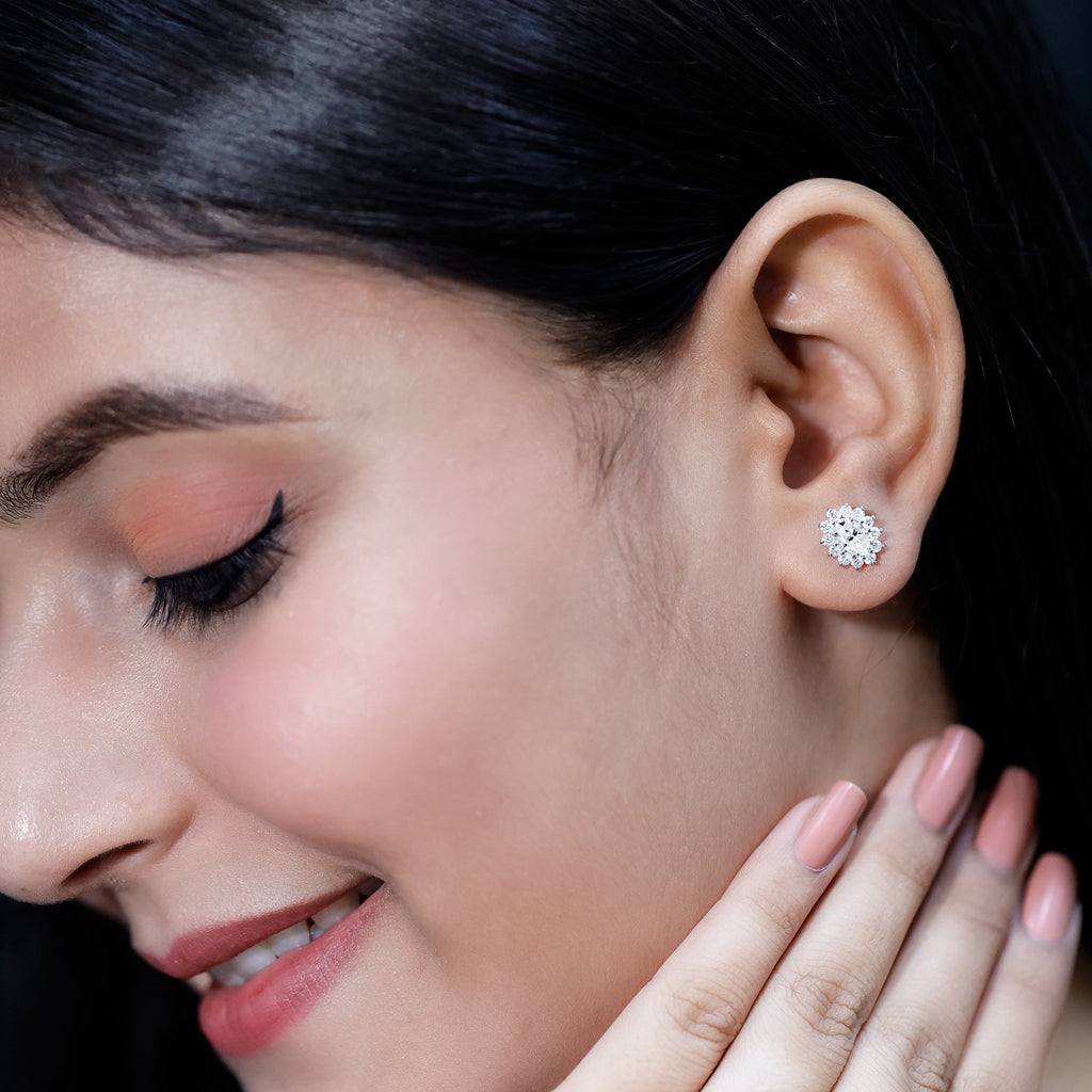 Moissanite Halo Earrings – Certified Oval Studs | Silver White Gold Plated
