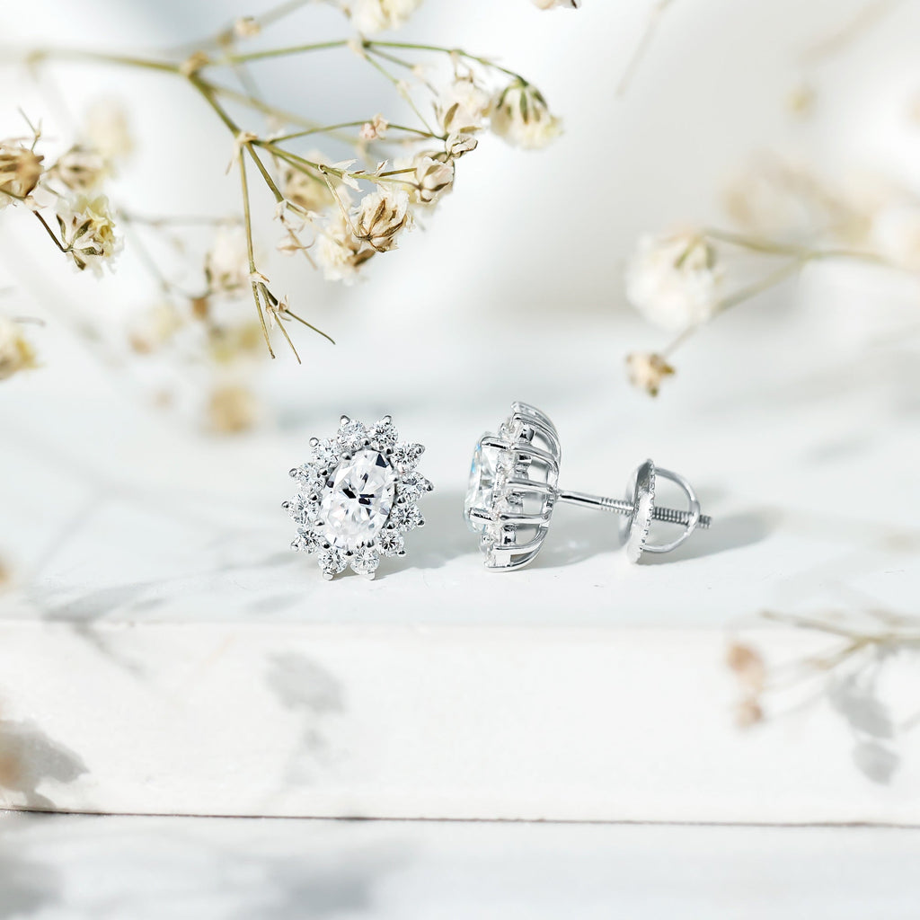 Moissanite Halo Earrings – Certified Oval Studs | Silver White Gold Plated