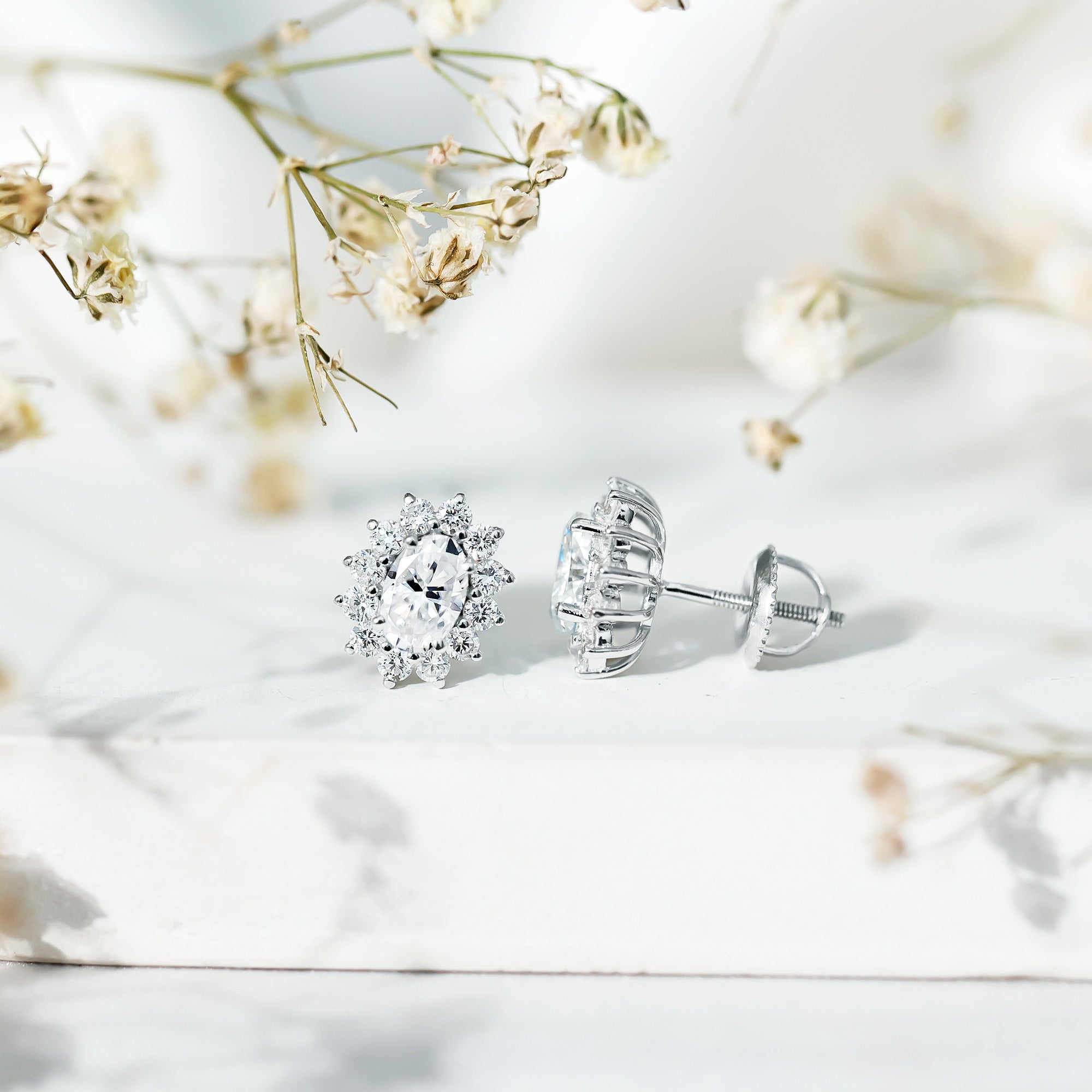 Moissanite Halo Earrings – Certified Oval Studs | Silver White Gold Plated