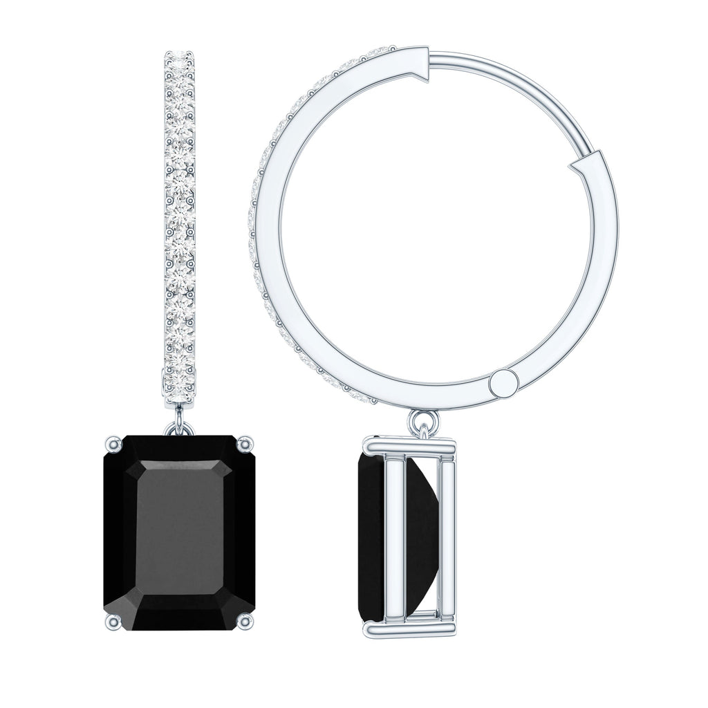 Natural 3.6 Carat Emerald Cut Black Onyx Hoop Drop Earrings with Diamond