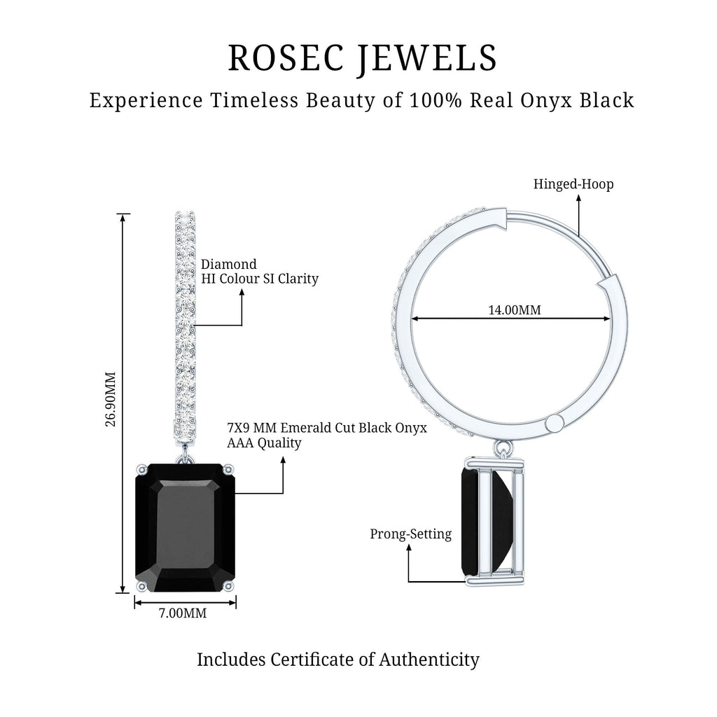 Natural 3.6 Carat Emerald Cut Black Onyx Hoop Drop Earrings with Diamond
