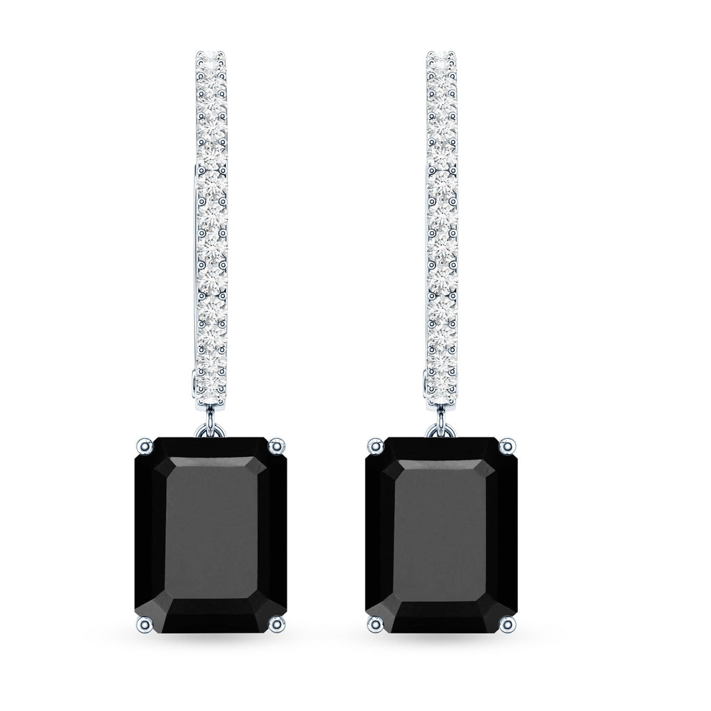 Natural 3.6 Carat Emerald Cut Black Onyx Hoop Drop Earrings with Diamond