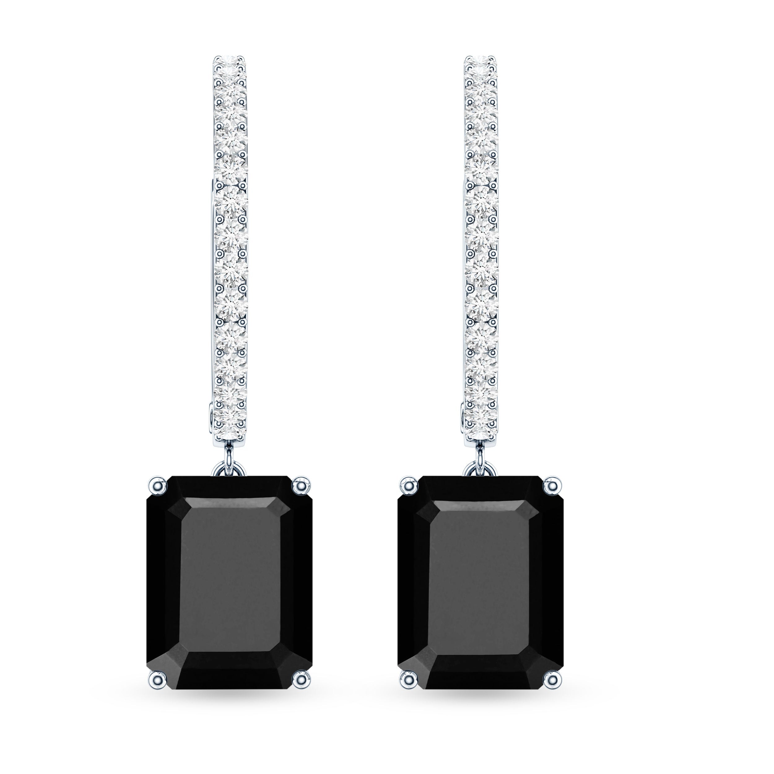 Natural 3.6 Carat Emerald Cut Black Onyx Hoop Drop Earrings with Diamond