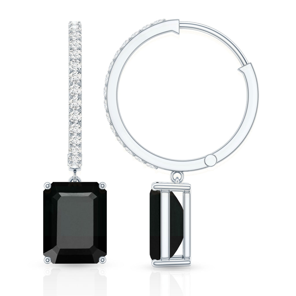 Natural 3.6 Carat Emerald Cut Black Onyx Hoop Drop Earrings with Diamond