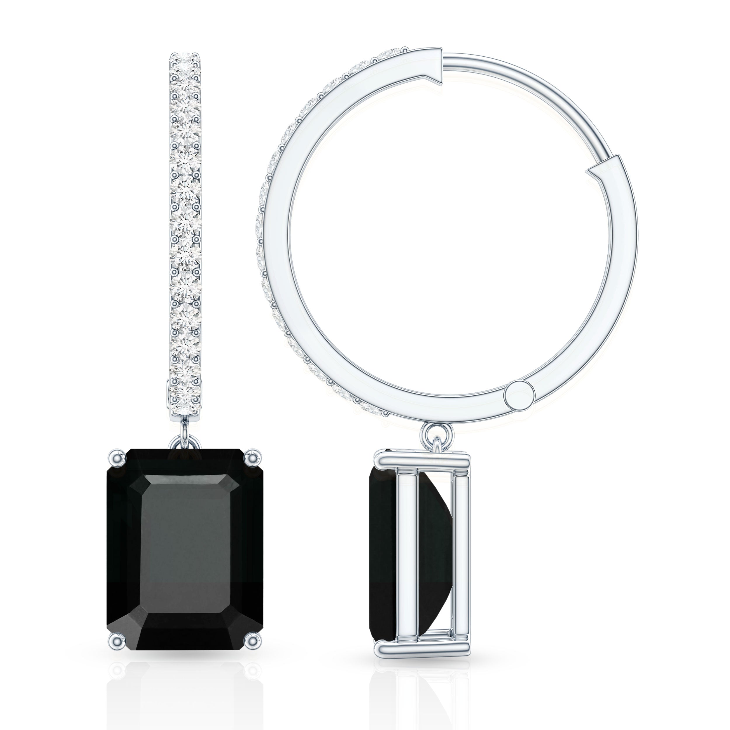 Natural 3.6 Carat Emerald Cut Black Onyx Hoop Drop Earrings with Diamond