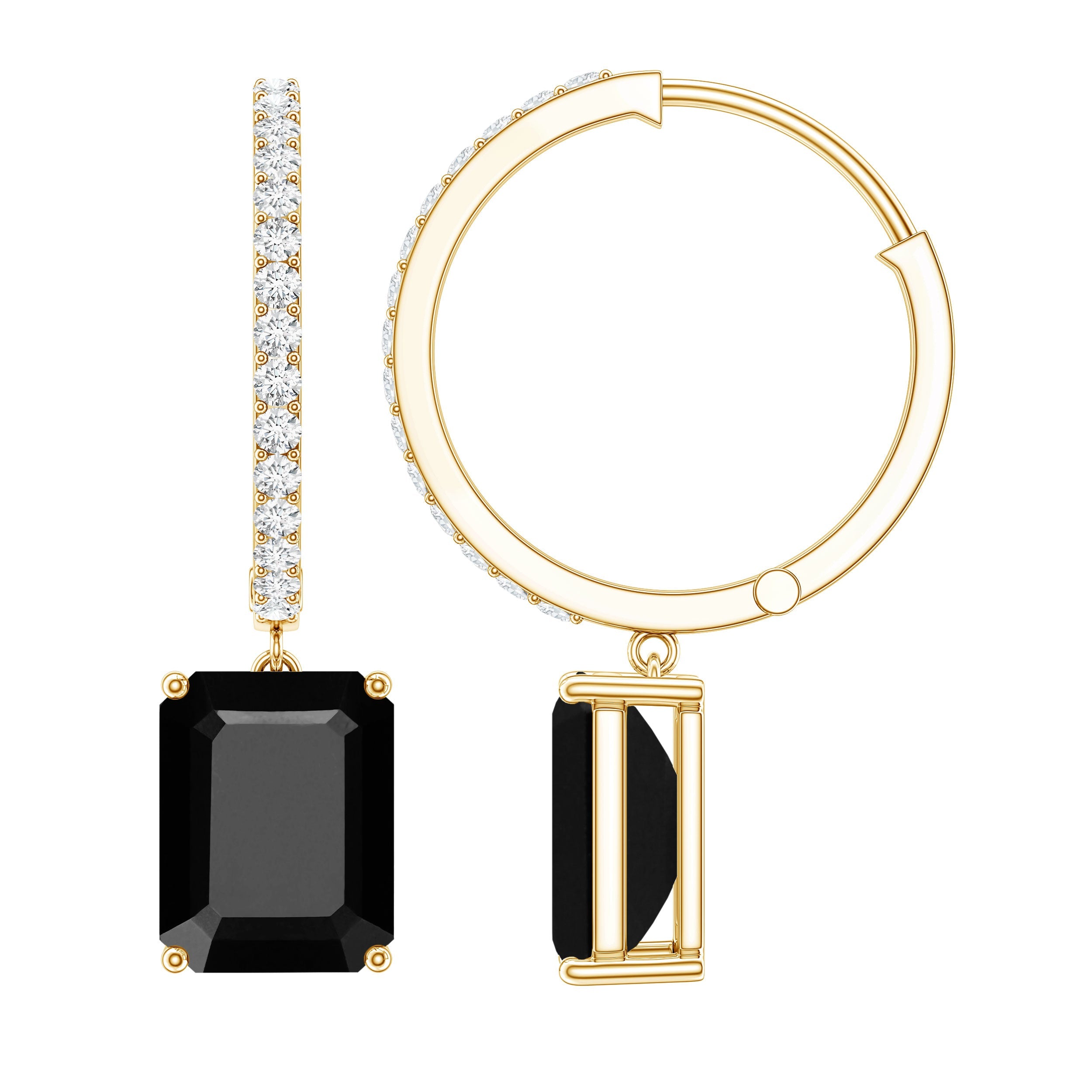 Natural 3.6 Carat Emerald Cut Black Onyx Hoop Drop Earrings with Diamond