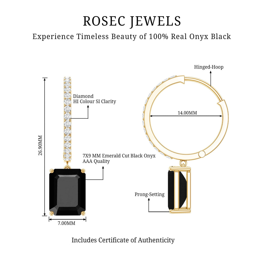 Natural 3.6 Carat Emerald Cut Black Onyx Hoop Drop Earrings with Diamond