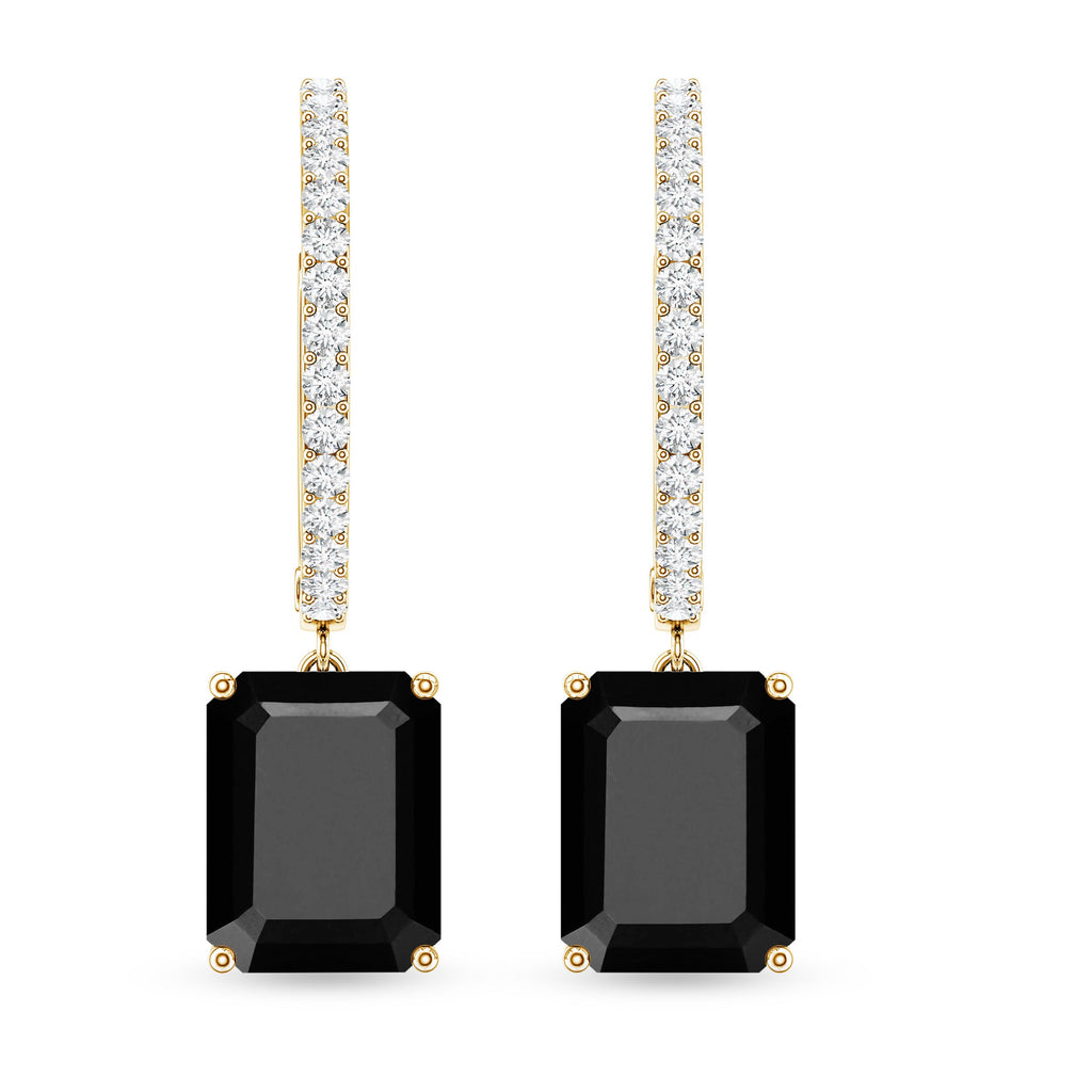 Natural 3.6 Carat Emerald Cut Black Onyx Hoop Drop Earrings with Diamond