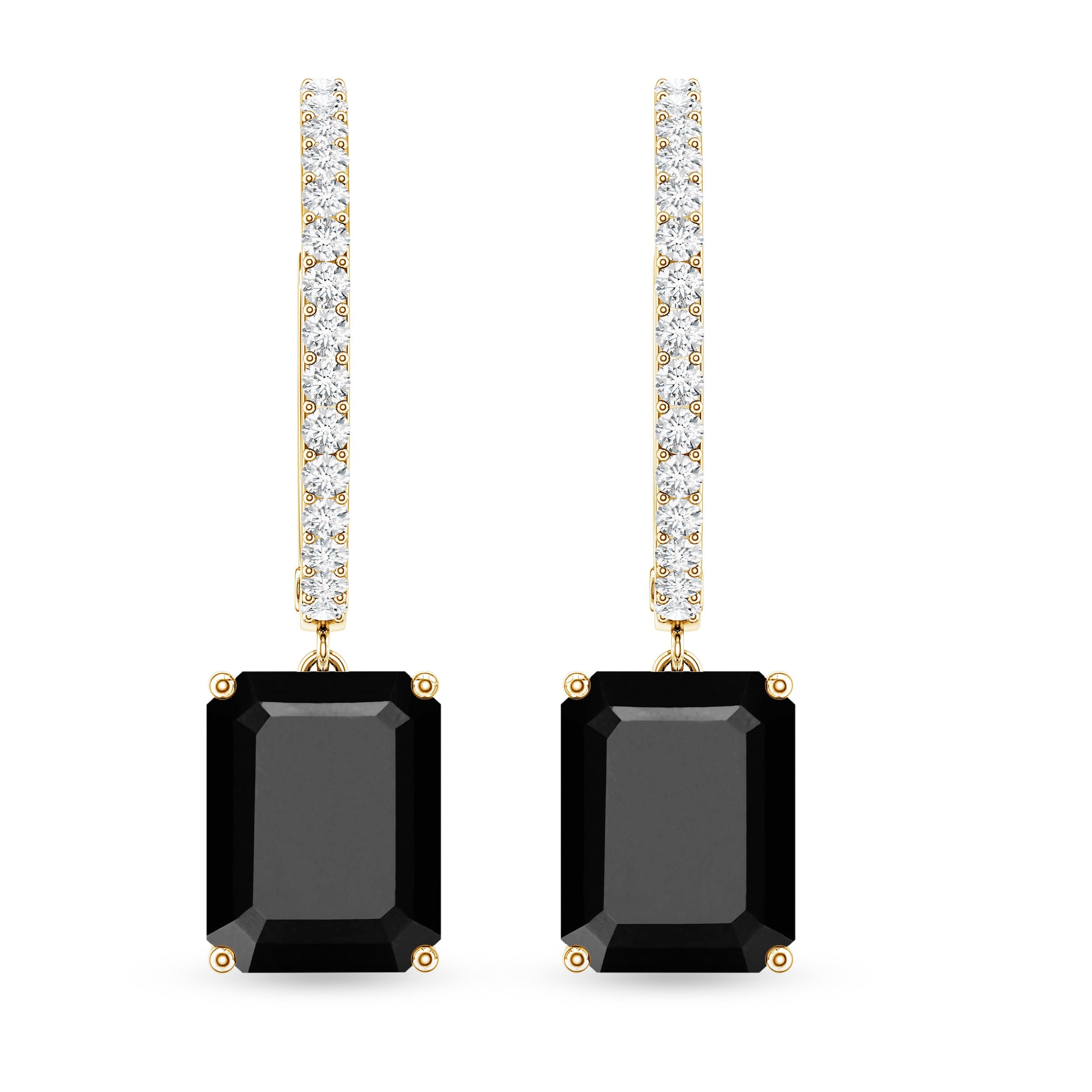 Natural 3.6 Carat Emerald Cut Black Onyx Hoop Drop Earrings with Diamond