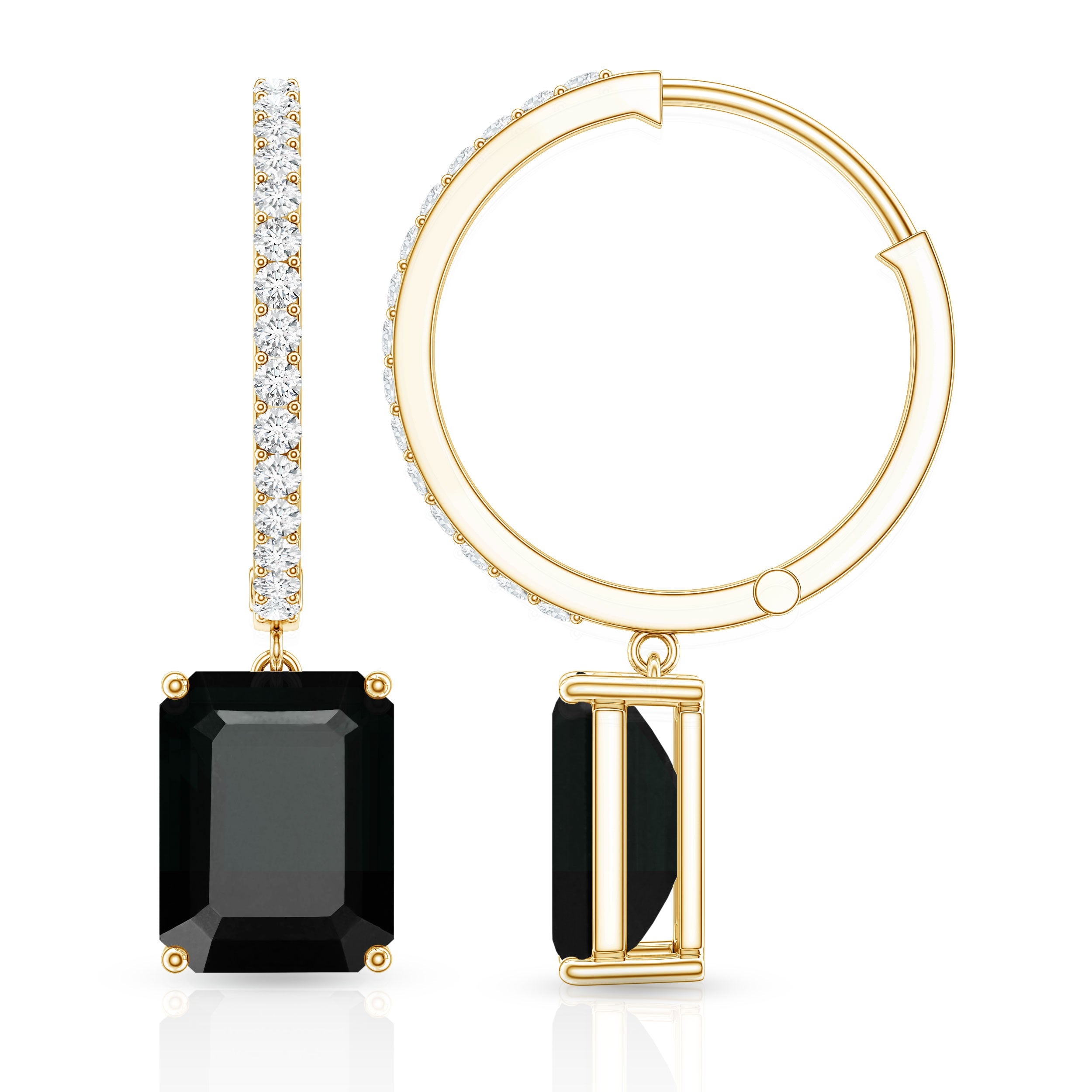 Natural 3.6 Carat Emerald Cut Black Onyx Hoop Drop Earrings with Diamond