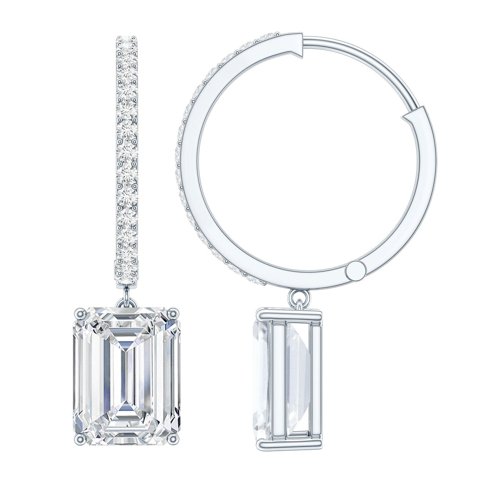 Certified 5.6 Carat Emerald Cut Moissanite Drop Hoop Earrings