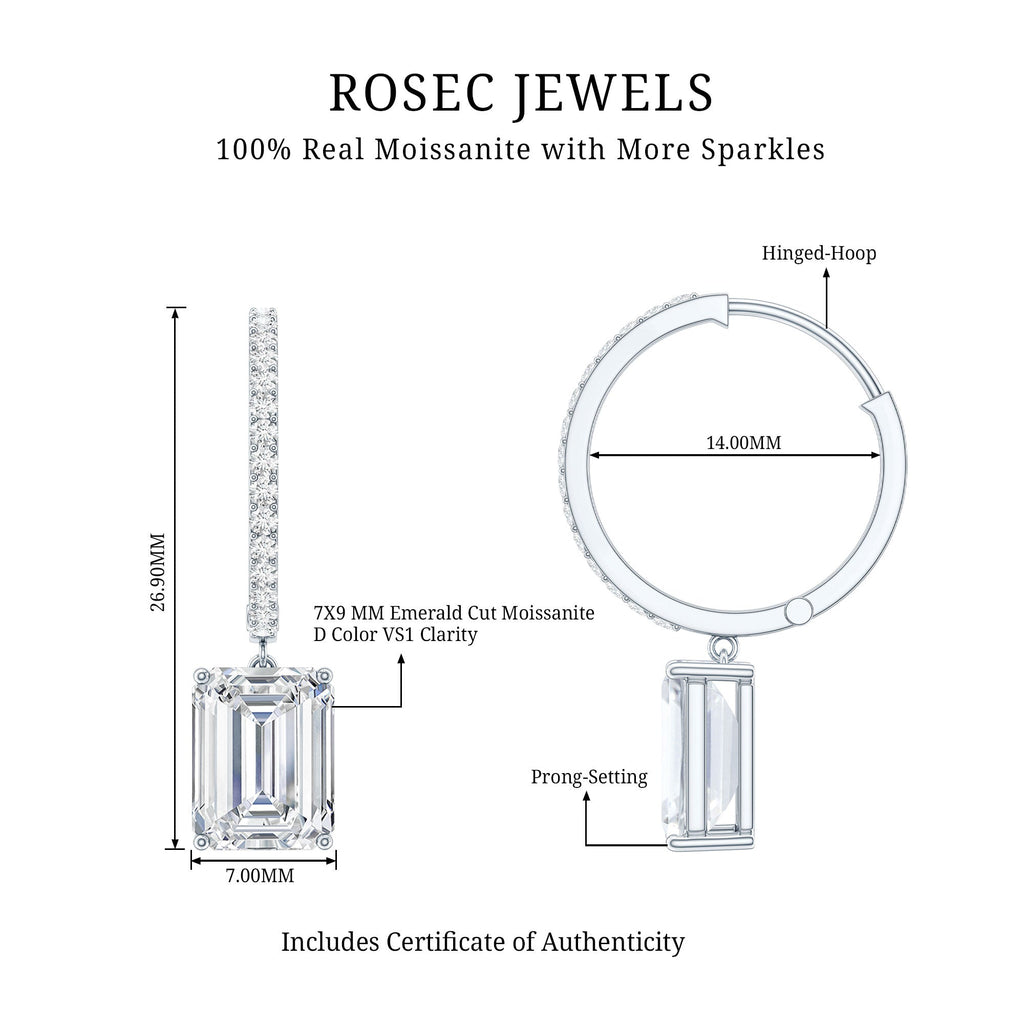 Certified 5.6 Carat Emerald Cut Moissanite Drop Hoop Earrings