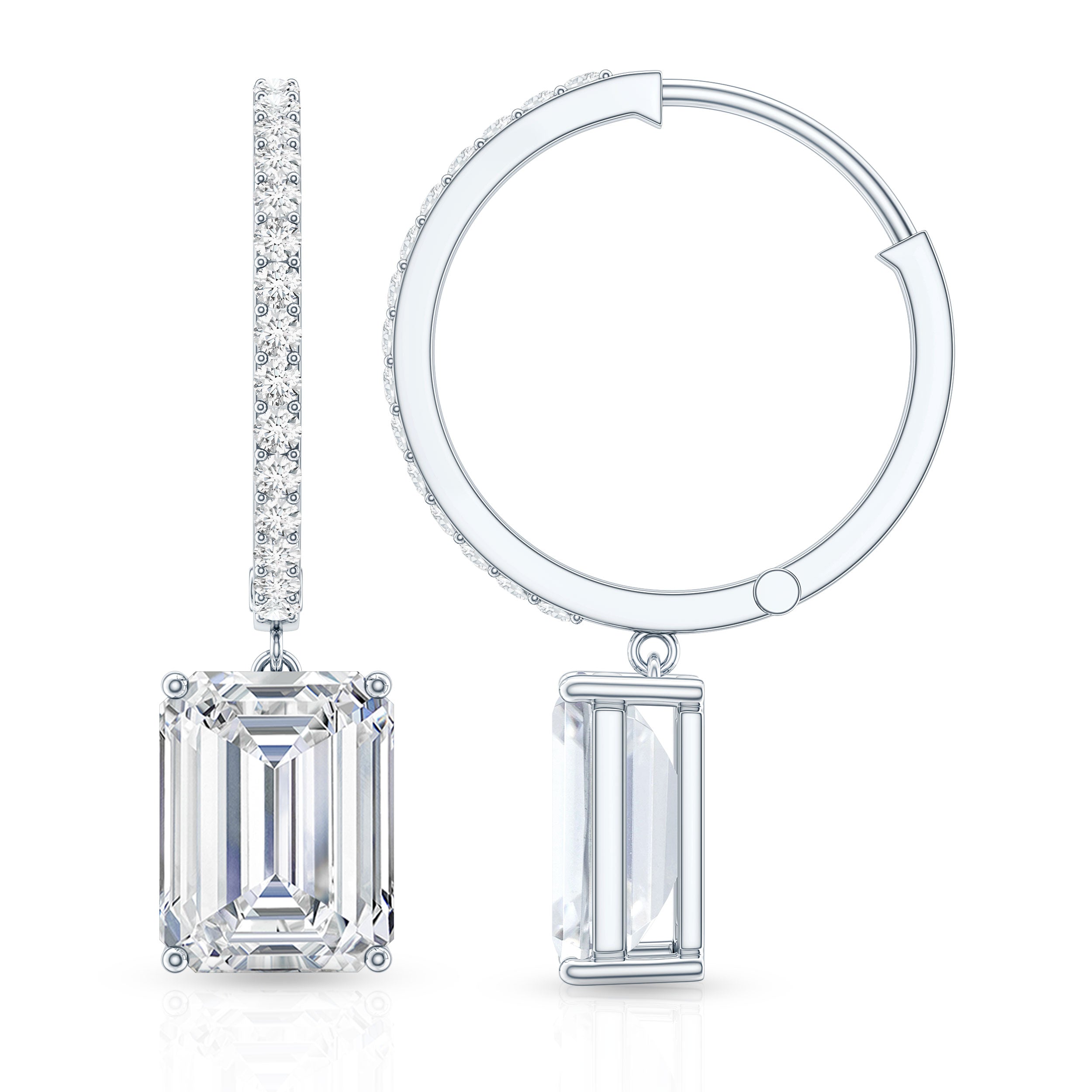 Certified 5.6 Carat Emerald Cut Moissanite Drop Hoop Earrings