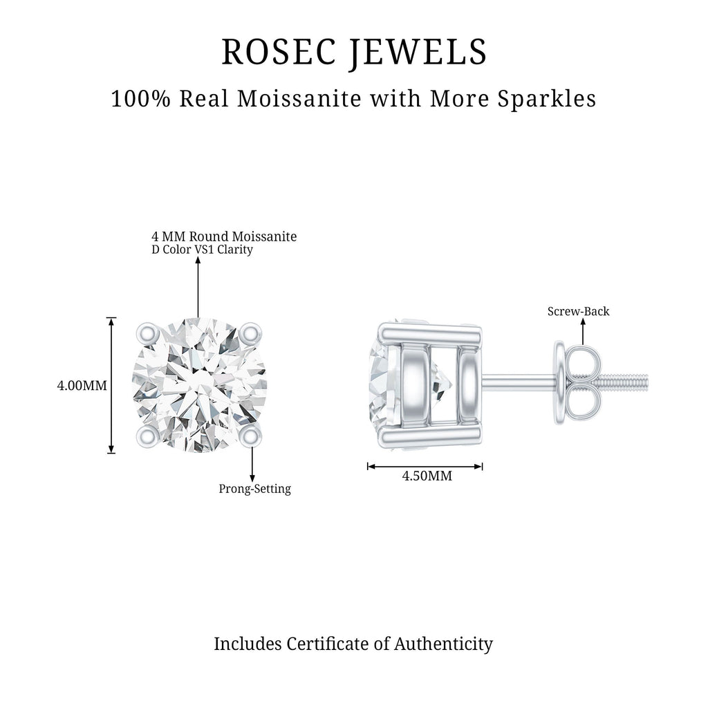 Moissanite Stud Earrings | 4MM Round Solitaire Studs with Screw Back Closure | Ethical Jewelry