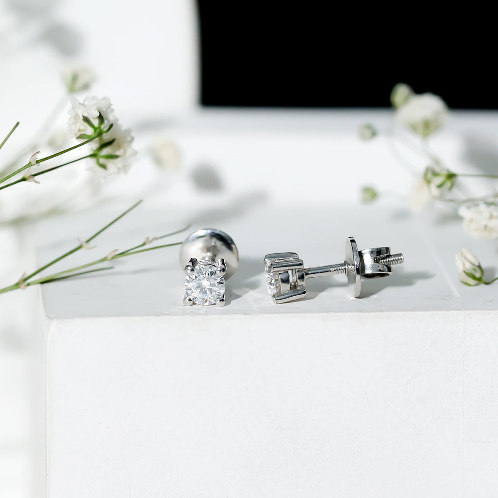Moissanite Stud Earrings | 4MM Round Solitaire Studs with Screw Back Closure | Ethical Jewelry