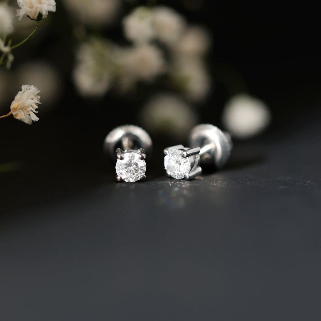 Moissanite Stud Earrings | 4MM Round Solitaire Studs with Screw Back Closure | Ethical Jewelry