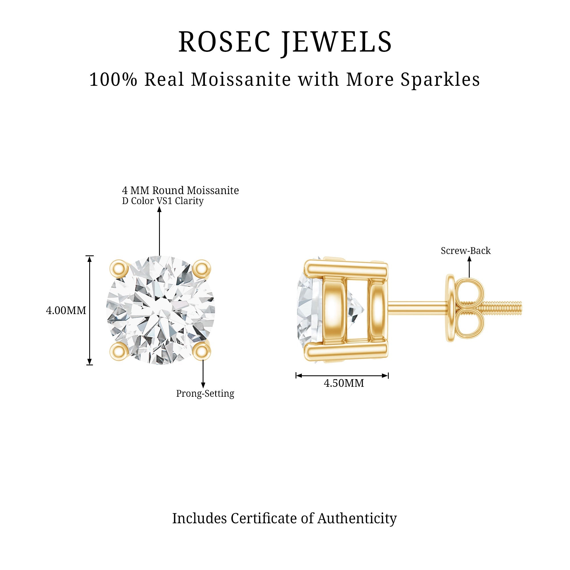 Moissanite Stud Earrings | 4MM Round Solitaire Studs with Screw Back Closure | Ethical Jewelry