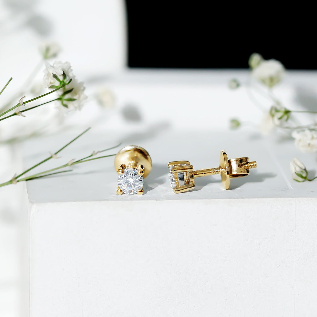 Moissanite Stud Earrings | 4MM Round Solitaire Studs with Screw Back Closure | Ethical Jewelry
