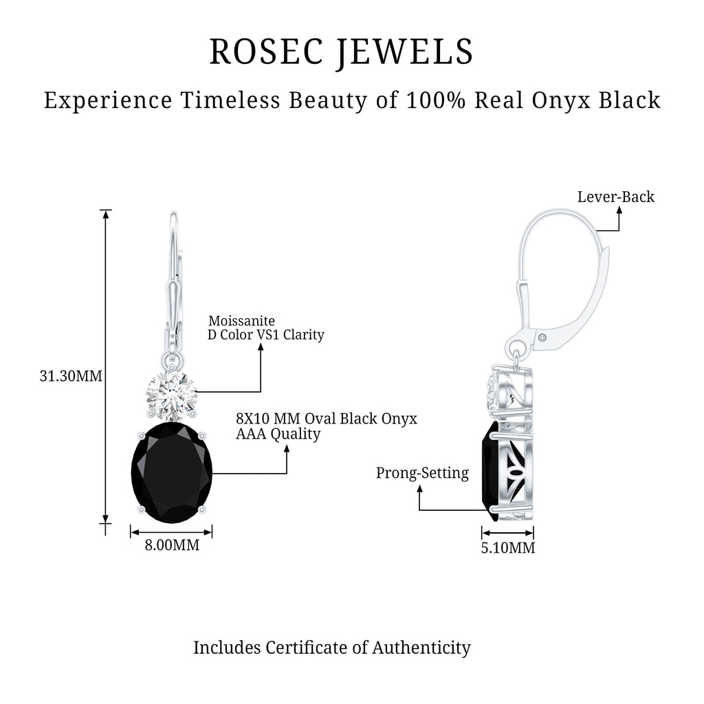 Natural 5 Carat Oval Black Onyx Drop Earrings with Lever Back