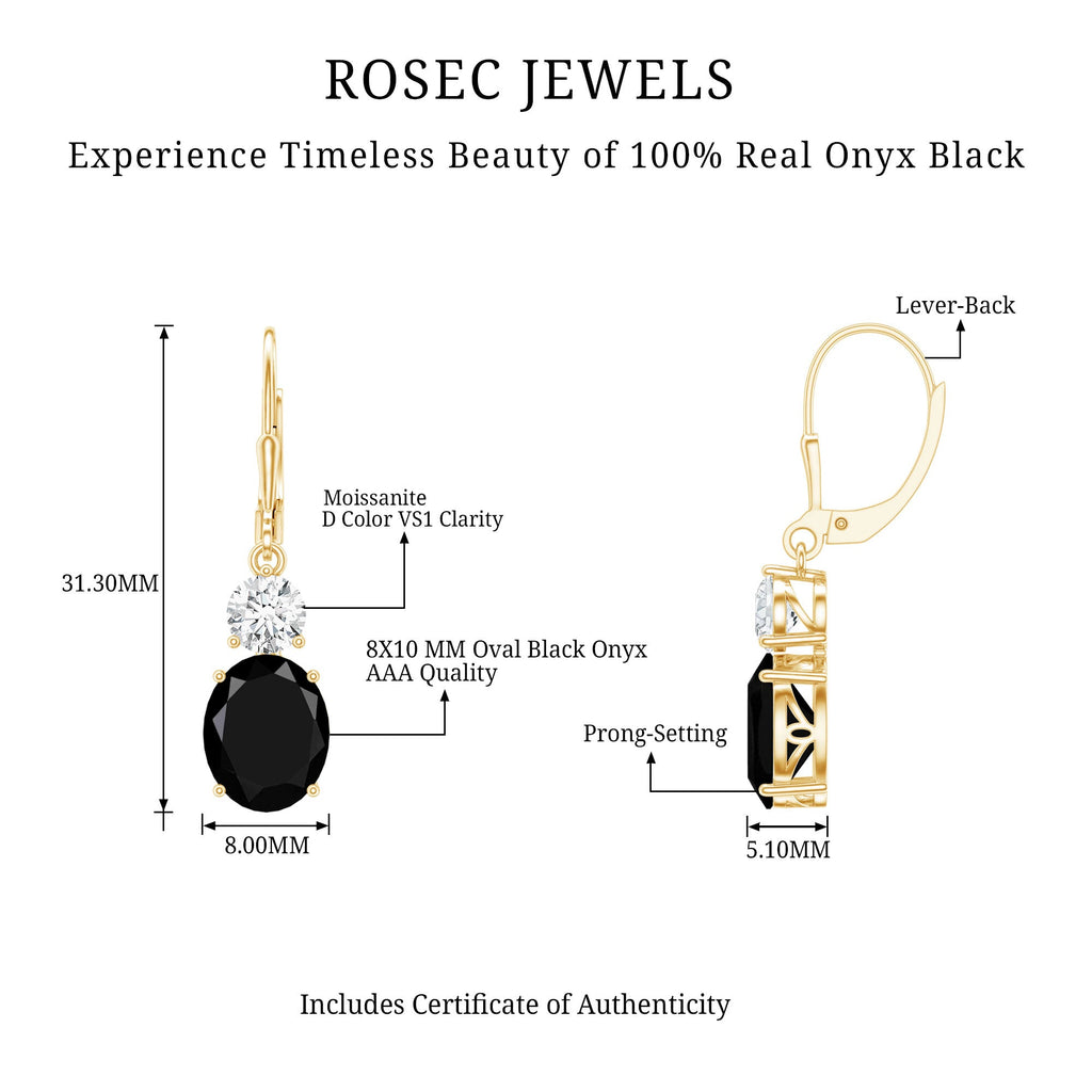 Natural 5 Carat Oval Black Onyx Drop Earrings with Lever Back