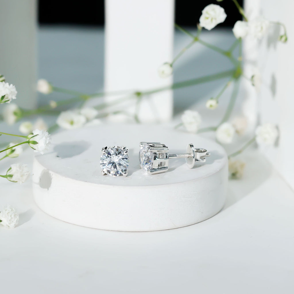 Cubic Zirconia Stud Earrings - 4 Carat Round CZ Silver Claw Set Earrings
