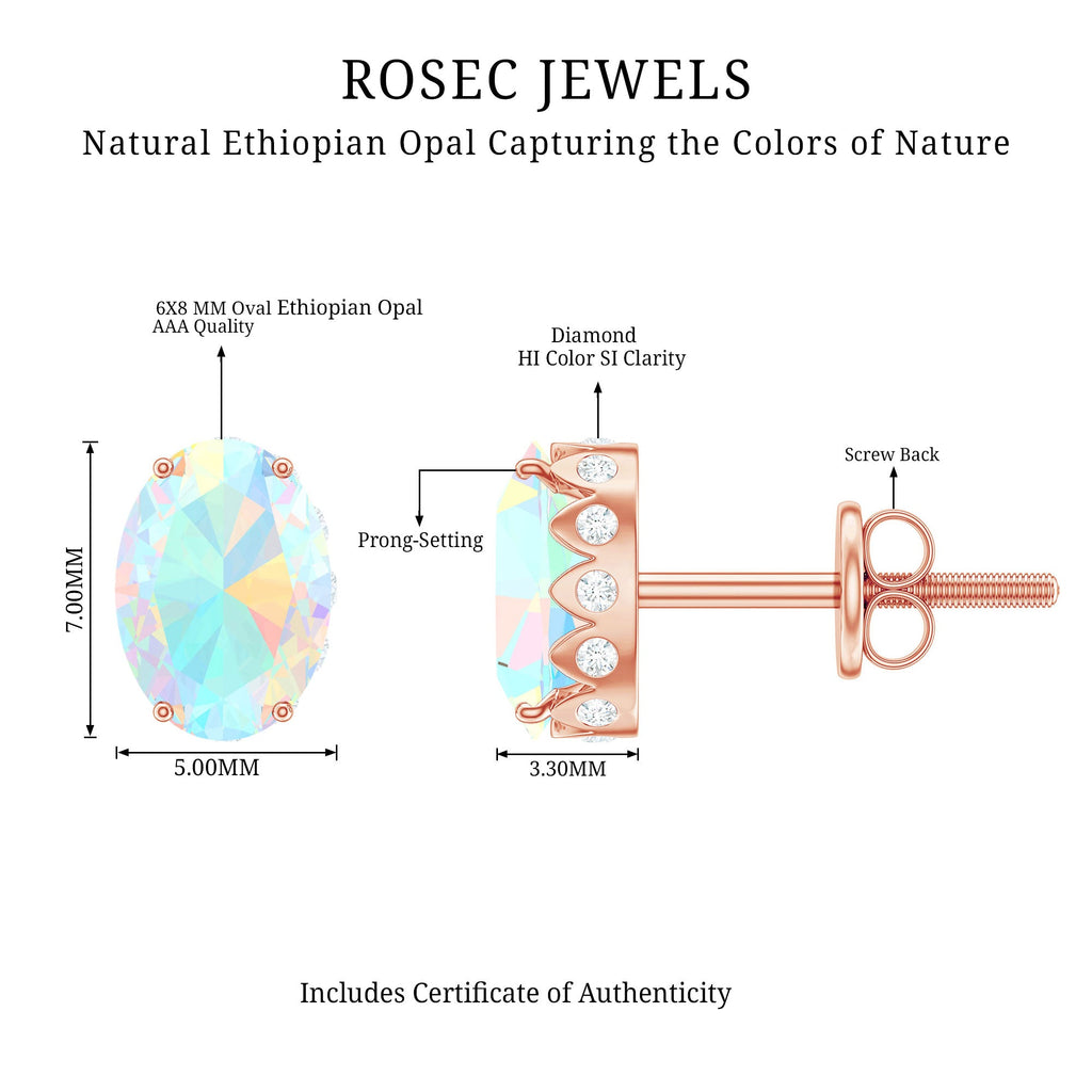 Natural 2.4 Carat Oval Ethiopian Opal Classic Stud Earrings with Diamond