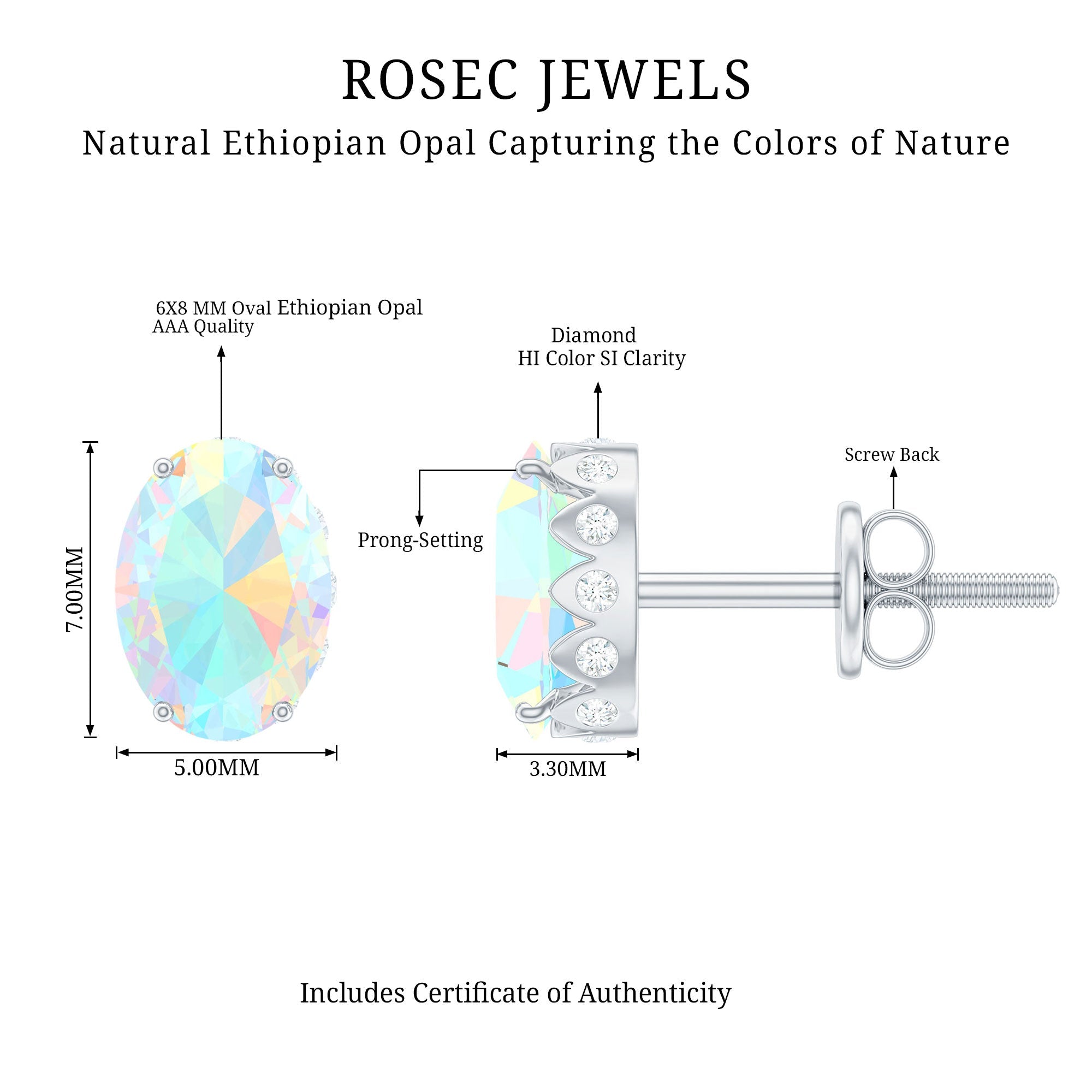 Natural 2.4 Carat Oval Ethiopian Opal Classic Stud Earrings with Diamond