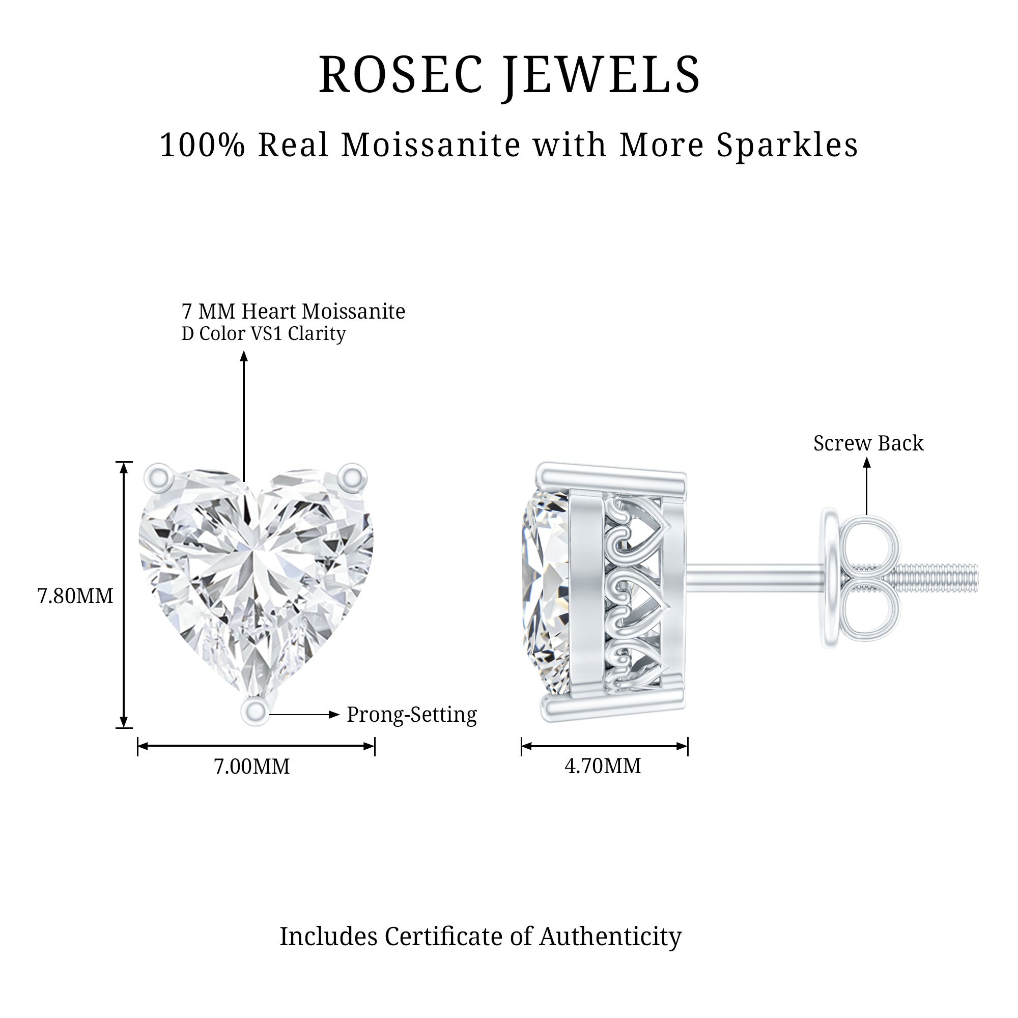 Moissanite Heart Earrings – Certified 3 Carat Brilliant Cut Stones for Women
