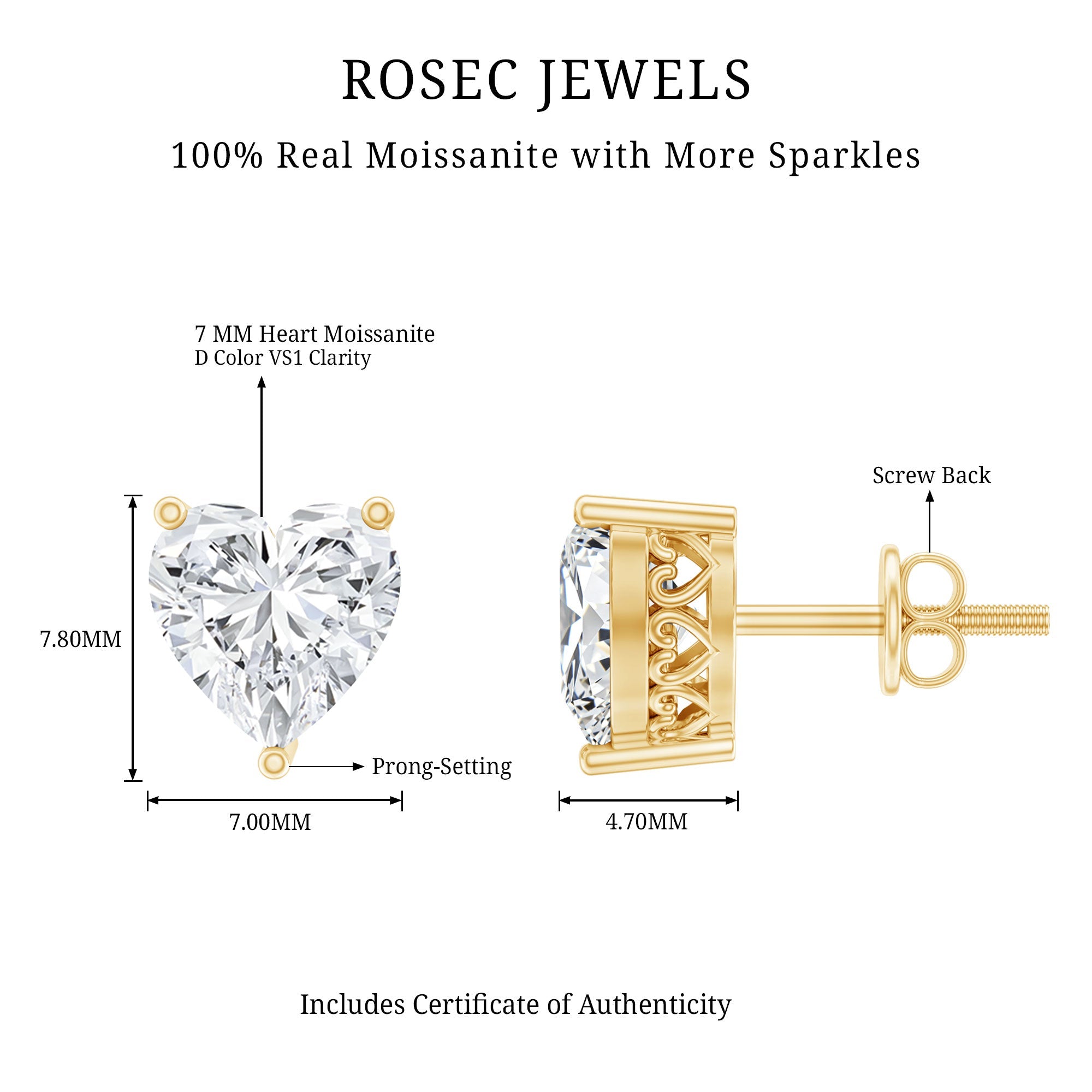 Moissanite Heart Earrings – Certified 3 Carat Brilliant Cut Stones for Women