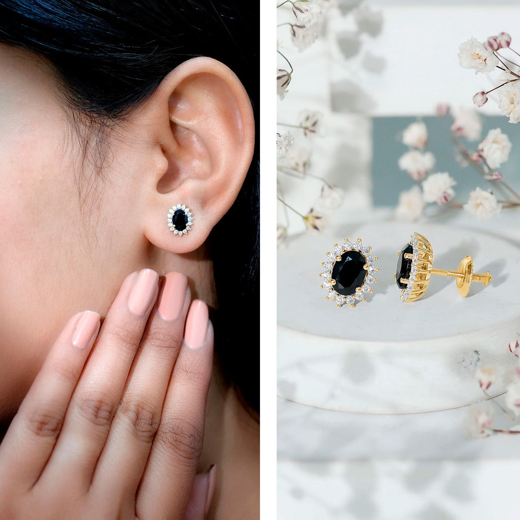 2 Carat Oval Shaped Black and White Diamond Stud Earrings in Yellow Gold Plated Silver